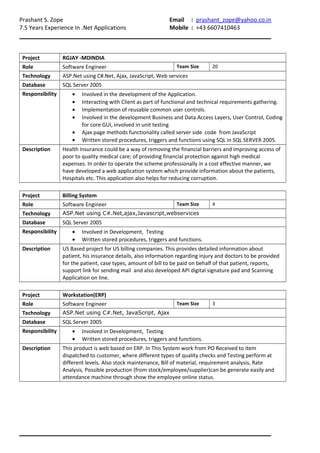 Prashant S. Zope Email : prashant_zope@yahoo.co.in
7.5 Years Experience In .Net Applications Mobile : +43 6607410463
Project RGJAY -MDINDIA
Role Software Engineer Team Size 20
Technology ASP.Net using C#.Net, Ajax, JavaScript, Web services
Database SQL Server 2005
Responsibility • Involved in the development of the Application.
• Interacting with Client as part of functional and technical requirements gathering.
• Implementation of reusable common user controls.
• Involved in the development Business and Data Access Layers, User Control, Coding
for core GUI, involved in unit testing
• Ajax page methods functionality called server side code from JavaScript
• Written stored procedures, triggers and functions using SQL in SQL SERVER 2005.
Description Health Insurance could be a way of removing the financial barriers and improving access of
poor to quality medical care; of providing financial protection against high medical
expenses. In order to operate the scheme professionally in a cost effective manner, we
have developed a web application system which provide information about the patients,
Hospitals etc. This application also helps for reducing corruption.
Project Billing System
Role Software Engineer Team Size 4
Technology ASP.Net using C#.Net,ajax,Javascript,webservices
Database SQL Server 2005
Responsibility • Involved in Development, Testing
• Written stored procedures, triggers and functions.
Description US Based project for US billing companies. This provides detailed information about
patient, his insurance details, also information regarding injury and doctors to be provided
for the patient, case types, amount of bill to be paid on behalf of that patient, reports,
support link for sending mail and also developed API digital signature pad and Scanning
Application on line.
Project Workstation(ERP)
Role Software Engineer Team Size 3
Technology ASP.Net using C#.Net, JavaScript, Ajax
Database SQL Server 2005
Responsibility • Involved in Development, Testing
• Written stored procedures, triggers and functions.
Description This product is web based on ERP. In This System work from PO Received to item
dispatched to customer, where different types of quality checks and Testing perform at
different levels. Also stock maintenance, Bill of material, requirement analysis, Rate
Analysis, Possible production (from stock/employee/supplier)can be generate easily and
attendance machine through show the employee online status.
 