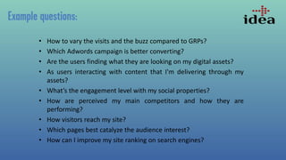 • How to vary the visits and the buzz compared to GRPs?
• Which Adwords campaign is better converting?
• Are the users finding what they are looking on my digital assets?
• As users interacting with content that I'm delivering through my
assets?
• What’s the engagement level with my social properties?
• How are perceived my main competitors and how they are
performing?
• How visitors reach my site?
• Which pages best catalyze the audience interest?
• How can I improve my site ranking on search engines?
 