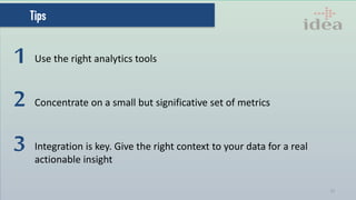33
Use the right analytics tools
Concentrate on a small but significative set of metrics
Integration is key. Give the right context to your data for a real
actionable insight
1
3
2
 