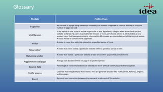 Metric Definition
Pageview
An instance of a page being loaded (or reloaded) in a browser. Pageview is a metric defined as the total
number of pages viewed.
Visit/Session
Is the period of time a user is active on your site or app. By default, it begins when a user lands on the
website and ends if a user is inactive for 30 minutes or more, any future activity is attributed to a new
session. Users that leave your site and return within 30 minutes are counted as part of the original session.
A visit is meant to contain more pageviews.
Visitor
A visitor is a user that visits the site within a specified period of time.
New visitor
A visitor that never visited a particular website within a specified period of time.
Returning visitor
A visitor that visited a particular website at least once within a specified period of time.
AvgTime on site/page Average visit duration / time on page in a specified period
Bounce Rate
Percentage of users who land on our website and leave without continuing with the navigation.
Traffic source
Channels that bring traffic to the website. They are generally divided into Traffic Direct, Referral, Organic,
and Campaign.
Event An event is an interaction between the users and an element of the website.
Glossary
 