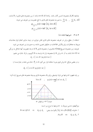 91
‫ﭼﻨﺎﻧﭽﻪ‬K،‫ﺑﺎﺷﺪ‬ ‫ﮔﺬار‬ ‫اﻧﺪﻳﺲ‬ ‫ﻣﺠﻤﻮﻋﻪ‬ ‫ﻳﻚ‬αA‫ﻫﺎ‬)‫ﻛﻪ‬K∈α‫ﺑﺎﺷﺪ‬(‫از‬ ‫ﻓﺎزي‬ ‫ﻫﺎي‬ ‫ﻣﺠﻤﻮﻋﻪ‬ ‫زﻳﺮ‬ ،X،‫ﺑﺎﺷﻨﺪ‬
‫آﻧﮕﺎه‬α
α
α
α
AA
K
‫و‬
K ∈∈
UI‫ﺷﻮﻧﺪ‬ ‫ﻣﻲ‬ ‫ﺗﻌﺮﻳﻒ‬ ‫زﻳﺮ‬ ‫ﻋﻀﻮﻳﺖ‬ ‫ﺗﺎﺑﻊ‬ ‫ﺑﺎ‬ ‫ﻓﺎزي‬ ‫ﻫﺎي‬ ‫ﻣﺠﻤﻮﻋﻪ‬ ‫ﺻﻮرت‬ ‫ﺑﻪ‬:
{ }KAxA
K
∈=
∈
αμ αα
α
/sup)()( U
{ }KAxA
K
∈=
∈
αμ αα
α
/inf)()( I
2-4-2-α‫ﺑﺮﺷﻬﺎ‬)-cutsα(
‫ﻣﺤﺎﺳﺒﺎت‬ ‫ﺗﻮام‬ ‫اﻧﺠﺎم‬ ‫ﺳﺎزي‬ ‫زﻣﻴﻨﻪ‬ ‫در‬ ‫ﻣﻮﺛﺮي‬ ‫ﻧﻘﺶ‬ ‫ﻓﺎزي‬ ‫ﻫﺎي‬ ‫ﻣﺠﻤﻮﻋﻪ‬ ‫ﺗﻌﺮﻳﻒ‬ ‫در‬ ‫ﺑﺮش‬ ‫ﺳﻄﺢ‬ ‫از‬ ‫اﺳﺘﻔﺎده‬
‫ﺷﻮد‬ ‫ﻣﻲ‬ ‫ﺗﻌﺮﻳﻒ‬ ‫زﻳﺮ‬ ‫ﺻﻮرت‬ ‫ﺑﻪ‬ ‫و‬ ‫داﺷﺘﻪ‬ ‫ﺗﺠﺮﺑﻲ‬ ‫ﻣﺪﻟﻬﺎي‬ ‫در‬ ‫اﻃﻼﻋﺎت‬ ‫ﭘﺎﻻﻳﺶ‬ ‫ﺑﺮاي‬ ‫ﻣﺨﺎﻃﺮات‬ ‫ﺑﻪ‬ ‫ﻣﺮﺑﻮط‬.
‫ﺗﻌﺮﻳﻒ‬:‫زﻳ‬‫ﺻﺮﻳﺢ‬ ‫ﻣﺠﻤﻮﻋﻪ‬ ‫ﺮ‬)Crisp(‫ﻓﺎزي‬ ‫ﻣﺠﻤﻮﻋﻪ‬ ‫از‬ ‫ﻋﻨﺎﺻﺮي‬X‫ﻋﻀﻮﻳﺖ‬ ‫درﺟﻪ‬ ‫ﻛﻪ‬‫آﻧﻬﺎ‬‫ﺑﺰرﮔﻲ‬ ‫ﺑﻪ‬ ‫ﺣﺪاﻗﻞ‬
α)0fα(‫آن‬ ‫ﺑﻪ‬ ،‫ﺑﺎﺷﺪ‬α‫ﺑ‬‫ﺮش‬A)‫ﺗﺮاز‬ ‫ﻣﺠﻤﻮﻋﻪ‬ ‫ﻳﺎ‬α‫ﺑﻪ‬ ‫واﺑﺴﺘﻪ‬A(‫ﺑﺎ‬ ‫و‬ ‫ﮔﻮﻳﻴﻢ‬αA‫دﻫﻴﻢ‬ ‫ﻣﻲ‬ ‫ﻧﺸﺎن‬:
‫ﻣﻮاﻗﻊ‬ ‫ﺑﻌﻀﻲ‬ ‫در‬ ‫و‬α-‫ﺑﺮش‬‫ﺑﺎ‬ ‫ﻛﻪ‬ ‫ﮔﻴﺮد‬ ‫ﻣﻲ‬ ‫ﻗﺮار‬ ‫اﺳﺘﻔﺎده‬ ‫ﻣﻮرد‬ ‫ﻗﻮي‬α
A‫از‬ ‫ﻋﺒﺎرﺗﺴﺖ‬ ‫و‬ ‫دﻫﻨﺪ‬ ‫ﻣﻲ‬ ‫ﻧﺸﺎن‬:
‫ﻣﻔﻬﻮم‬ ‫ﭘﺎﻳﻪ‬ ‫ﺑﺮ‬α-‫ﺑﺮﺷ‬‫اراﻳ‬ ‫ﺻﺮﻳﺢ‬ ‫ﻫﺎي‬ ‫ﻣﺠﻤﻮﻋﻪ‬ ‫ﺑﻮﺳﻴﻠﻪ‬ ‫ﻓﺎزي‬ ‫ﻣﺠﻤﻮﻋﻪ‬ ‫ﻳﻚ‬ ‫ﺑﺮاي‬ ‫ﺗﻮﺻﻴﻔﻲ‬ ‫ﺗﻮان‬ ‫ﻣﻲ‬ ‫ﻬﺎ‬‫ﻛﺮد‬ ‫ﻪ‬:
‫ﻧﻤﻮدار‬2-5-‫ﺑﺮﺷﻬﺎي‬α
‫ﺑﻪ‬ ‫ﻣﺮﺑﻮط‬ ‫اﺳﺎﺳﻲ‬ ‫وﻳﮋﮔﻴﻬﺎي‬α-‫ﺑﺮﺷ‬‫اﺳﺖ‬ ‫زﻳﺮ‬ ‫ﺷﺮح‬ ‫ﺑﻪ‬ ‫ﻬﺎ‬:
1.‫ﺧﺎﻧﻮاده‬{ }]1,0[/ ∈∪ βααA‫ﻳﻌﻨﻲ‬ ‫ﻳﻜﻨﻮاﺳﺖ‬:αββα AA ⊆⇒≤≤ 10p
2.αβ AABA ⊆⇔⊆
{ }αμα ≥∈= )(/ xXxA A
{ }αμα f)(/ xXxA A∈=
{ }α
α
αμ AxxXx A ∈=∈∀ /sup)(,
0f
α=1
α=0.5
α=0.25
α=0.75
 