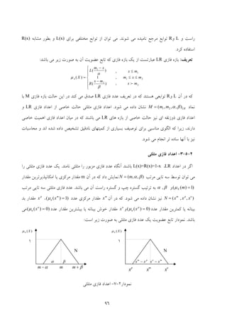 96
‫و‬ ‫راﺳﺖ‬L‫و‬R‫ﺷﻮﻧﺪ‬ ‫ﻣﻲ‬ ‫ﻧﺎﻣﻴﺪه‬ ‫ﻣﺮﺟﻊ‬ ‫ﺗﻮاﺑﻊ‬.‫ﻣ‬ ‫ﺗﻮاﺑﻊ‬ ‫از‬ ‫ﺗﻮان‬ ‫ﻣﻲ‬‫ﺑﺮاي‬ ‫ﺨﺘﻠﻔﻲ‬L(x)‫ﻣﺸﺎﺑﻪ‬ ‫ﺑﻄﻮر‬ ‫و‬R(x)
‫ﻛﺮد‬ ‫اﺳﺘﻔﺎده‬.
‫ﺗﻌﺮﻳﻒ‬:‫ﻓﺎزي‬ ‫ﺑﺎزه‬LR‫ﺑﺎﺷﺪ‬ ‫ﻣﻲ‬ ‫زﻳﺮ‬ ‫ﺻﻮرت‬ ‫ﺑﻪ‬ ‫آن‬ ‫ﻋﻀﻮﻳﺖ‬ ‫ﺗﺎﺑﻊ‬ ‫ﻛﻪ‬ ‫ﻓﺎزي‬ ‫ﺑﺎزه‬ ‫ﻳﻚ‬ ‫از‬ ‫ﻋﺒﺎرﺗﺴﺖ‬:
2
21
1
2
1
,
,
,
)(
1
)(
)(
mx
mxm
mx
mx
R
xm
L
XA
f
≤≤
≤
⎪
⎪
⎩
⎪
⎪
⎨
⎧
−
−
=
β
α
μ
‫آن‬ ‫در‬ ‫ﻛﻪ‬L‫و‬R‫ﻓﺎزي‬ ‫ﻋﺪد‬ ‫ﺗﻌﺮﻳﻒ‬ ‫در‬ ‫ﻛﻪ‬ ‫ﻫﺴﺘﻨﺪ‬ ‫ﺗﻮاﺑﻌﻲ‬LR‫ﻓﺎزي‬ ‫ﺑﺎزه‬ ‫ﺣﺎﻟﺖ‬ ‫اﻳﻦ‬ ‫در‬ ‫ﻛﻨﺪ‬ ‫ﻣﻲ‬ ‫ﺻﺪق‬M‫ﺑﺎ‬
‫ﻧﻤﺎد‬LRmmM ),,,( 21 βα=‫ﺷﻮد‬ ‫ﻣﻲ‬ ‫داده‬ ‫ﻧﺸﺎن‬.‫ﻓﺎزي‬ ‫اﻋﺪاد‬ ‫از‬ ‫ﺧﺎﺻﻲ‬ ‫ﺣﺎﻟﺖ‬ ‫ﻣﺜﻠﺜﻲ‬ ‫ﻓﺎزي‬ ‫اﻋﺪاد‬LR‫و‬
‫ﻧﻴ‬ ‫اي‬ ‫ذوزﻧﻘﻪ‬ ‫ﻓﺎزي‬ ‫اﻋﺪاد‬‫ﺰ‬‫ﻫﺎي‬ ‫ﺑﺎزه‬ ‫از‬ ‫ﺧﺎﺻﻲ‬ ‫ﺣﺎﻟﺖ‬LR‫ﺧﺎﺻﻲ‬ ‫اﻫﻤﻴﺖ‬ ‫ﻓﺎزي‬ ‫اﻋﺪاد‬ ‫ﻣﻴﺎن‬ ‫در‬ ‫ﻛﻪ‬ ‫ﺑﺎﺷﻨﺪ‬ ‫ﻣﻲ‬
‫اﻧﺪ‬ ‫ﺷﺪه‬ ‫داده‬ ‫ﺗﺸﺨﻴﺺ‬ ‫ﻧﺎدﻗﻴﻖ‬ ‫ﻛﻤﻴﺘﻬﺎي‬ ‫از‬ ‫ﺑﺴﻴﺎري‬ ‫ﺗﻮﺻﻴﻒ‬ ‫ﺑﺮاي‬ ‫ﻣﻨﺎﺳﺒﻲ‬ ‫اﻟﮕﻮي‬ ‫ﻛﻪ‬ ‫زﻳﺮا‬ ،‫دارﻧﺪ‬‫و‬‫ﻣﺤﺎﺳﺒﺎت‬
‫ﺷﻮد‬ ‫ﻣﻲ‬ ‫اﻧﺠﺎم‬ ‫ﺗﺮ‬ ‫ﺳﺎده‬ ‫آﻧﻬﺎ‬ ‫ﺑﺎ‬ ‫ﻧﻴﺰ‬.
2-5-3-‫ﻣﺜﻠﺜﻲ‬ ‫ﻓﺎزي‬ ‫اﻋﺪاد‬
‫اﻋﺪاد‬ ‫در‬ ‫اﮔﺮ‬LR،L(x)=R(x)=1-x‫ﻧﺎﻣﻨﺪ‬ ‫ﻣﺜﻠﺜﻲ‬ ‫را‬ ‫ﻣﺰﺑﻮر‬ ‫ﻓﺎزي‬ ‫ﻋﺪد‬ ‫آﻧﮕﺎه‬ ‫ﺑﺎﺷﻨﺪ‬.‫را‬ ‫ﻣﺜﻠﺜﻲ‬ ‫ﻓﺎزي‬ ‫ﻋﺪد‬ ‫ﻳﻚ‬
‫ﻣﺮﺗﺐ‬ ‫ﺗﺎﻳﻲ‬ ‫ﺳﻪ‬ ‫ﺗﻮﺳﻂ‬ ‫ﺗﻮان‬ ‫ﻣﻲ‬),,( βαmN =‫آن‬ ‫در‬ ‫ﻛﻪ‬ ‫داد‬ ‫ﻧﻤﺎﻳﺶ‬m‫اﻣﻜﺎﻧﭙﺬ‬ ‫ﻳﺎ‬ ‫ﻣﺮﻛﺰي‬ ‫ﻣﻘﺪار‬‫ﻣﻘﺪار‬ ‫ﻳﺮﺗﺮﻳﻦ‬
)1)(( =mNμ‫و‬βα ,‫ﺑﺎﺷﺪ‬ ‫ﻣﻲ‬ ‫آن‬ ‫راﺳﺖ‬ ‫ﮔﺴﺘﺮه‬ ‫و‬ ‫ﭼﭗ‬ ‫ﮔﺴﺘﺮه‬ ‫ﺗﺮﺗﻴﺐ‬ ‫ﺑﻪ‬.‫ﻣﺮﺗﺐ‬ ‫ﺗﺎﻳﻲ‬ ‫ﺳﻪ‬ ‫ﻣﺜﻠﺜﻲ‬ ‫ﻓﺎزي‬ ‫ﻋﺪد‬
),,( opm
xxxN =‫ﺷﻮد‬ ‫ﻣﻲ‬ ‫داده‬ ‫ﻧﺸﺎن‬ ‫ﻧﻴﺰ‬.‫آن‬ ‫در‬ ‫ﻛﻪ‬m
x‫ﻋﺪد‬ ‫ﻣﺮﻛﺰي‬ ‫ﻣﻘﺪار‬)1)(( =m
n xμ،p
x‫ﺑﺪ‬ ‫ﻣﻘﺪار‬
‫ﻋﺪد‬ ‫ﻣﻘﺪار‬ ‫ﻛﻤﺘﺮﻳﻦ‬ ‫ﻳﺎ‬ ‫ﺑﻴﻨﺎﻧﻪ‬)0)(( =p
n xμ‫و‬o
x‫ﻋﺪد‬ ‫ﻣﻘﺪار‬ ‫ﺑﻴﺸﺘﺮﻳﻦ‬ ‫ﻳﺎ‬ ‫ﺑﻴﻨﺎﻧﻪ‬ ‫ﺧﻮش‬ ‫ﻣﻘﺪار‬)0)(( =o
n xμ‫ﻣﻲ‬
‫ﺑﺎﺷﺪ‬.‫اﺳﺖ‬ ‫زﻳﺮ‬ ‫ﺻﻮرت‬ ‫ﺑﻪ‬ ‫ﻣﺜﻠﺜﻲ‬ ‫ﻓﺎزي‬ ‫ﻋﺪد‬ ‫ﻳﻚ‬ ‫ﻋﻀﻮﻳﺖ‬ ‫ﺗﺎﺑﻊ‬ ‫ﻧﻤﻮدار‬:
‫ﻧﻤﻮدار‬2-7-‫ﻣﺜﻠ‬ ‫ﻓﺎزي‬ ‫اﻋﺪاد‬‫ﺜﻲ‬
βα +− mmm
1
)(XNμ
βα
N
omp
xxx
1
)(XNμ
mopm
xxxx −−
N
 