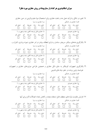 192
‫اﻣﻜﺎﻧﭙﺬﻳﺮي‬ ‫ﻣﻴﺰان‬‫ﻧﻈﺮ؟‬ ‫ﻣﻮرد‬ ‫ﺣﻔﺎري‬ ‫روش‬ ‫در‬ ‫ﺳﻨﺎرﻳﻮﻫﺎ‬ ‫از‬ ‫ﻛﺪام‬ ‫ﻫﺮ‬
14.‫ﺷﻜﻞ‬ ‫در‬ ‫ﺗﻐﻴﻴﺮ‬‫ﺣﻔﺎري‬ ‫ﺣﻴﻦ‬ ‫در‬ ‫ﻫﻴﺪروﻛﺮﺑﻨﻲ‬ ‫ﻣﻮاد‬ ‫اﺳﺘﺤﺼﺎل‬ ‫ﺑﺮاي‬ ‫ﺣﻔﺎري‬ ‫ﺷﻔﺖ‬ ‫و‬ ‫ﻣﺘﻪ‬ ‫ﻋﻤﻞ‬ ‫ﻓﺮآﻳﻨﺪ‬ ‫و‬
‫اﻟﻒ‬(‫ﺧﺸﻜﻲ‬ ‫در‬ ‫ﺣﻔﺎري‬
‫زﻳﺎد‬ ‫ﺧﻴﻠﻲ‬‫زﻳﺎد‬‫ﻣﺘﻮﺳﻂ‬‫ﻛﻢ‬‫ﻛﻢ‬ ‫ﺧﻴﻠﻲ‬
‫ب‬(‫در‬ ‫ﺣﻔﺎري‬‫درﻳﺎ‬
‫زﻳﺎد‬ ‫ﺧﻴﻠﻲ‬‫زﻳﺎد‬‫ﻣﺘﻮﺳﻂ‬‫ﻛﻢ‬‫ﻛﻢ‬ ‫ﺧﻴﻠﻲ‬
‫ج‬(‫ﻋﻤﻮدي‬ ‫ﺣﻔﺎري‬
‫زﻳﺎد‬ ‫ﺧﻴﻠﻲ‬‫زﻳﺎد‬‫ﻣﺘﻮﺳﻂ‬‫ﻛﻢ‬‫ﻛﻢ‬ ‫ﺧﻴﻠﻲ‬
‫د‬(‫ﺗﻮﺳﻌﻪ‬ ‫ﻗﺎﺑﻞ‬ ‫ﺣﻔﺎري‬)‫و‬ ‫وﺟﻬﻲ‬ ‫ﭼﻨﺪ‬ ،‫اﻓﻘﻲ‬(...
‫زﻳﺎد‬ ‫ﺧﻴﻠﻲ‬‫زﻳﺎد‬‫ﻣﺘﻮﺳﻂ‬‫ﻛﻢ‬‫ﻛﻢ‬ ‫ﺧﻴﻠﻲ‬
15.‫ﻣﺘﻪ‬ ‫ﺑﻜﺎرﮔﻴﺮي‬‫ﺳﺎده‬ ،‫ﺳﺮﻳﻌﺘﺮ‬ ،‫ﺳﺒﻜﺘﺮ‬ ‫ﻫﺎي‬‫و‬ ‫ﻛﻨﺘﺮل‬ ،‫ﺑﺮداري‬ ‫ﻧﻤﻮﻧﻪ‬ ،‫ﺣﻔﺎري‬ ‫اﻣﺮ‬ ‫در‬ ‫ﺑﻴﺸﺘﺮ‬ ‫اﻧﻌﻄﺎف‬ ‫داراي‬ ‫و‬ ‫ﺗﺮ‬...
‫اﻟﻒ‬(‫ﺧﺸﻜﻲ‬ ‫در‬ ‫ﺣﻔﺎري‬
‫زﻳﺎد‬ ‫ﺧﻴﻠﻲ‬‫زﻳﺎد‬‫ﻣﺘﻮﺳﻂ‬‫ﻛﻢ‬‫ﺧﻴﻠ‬‫ﻛﻢ‬ ‫ﻲ‬
‫ب‬(‫در‬ ‫ﺣﻔﺎري‬‫درﻳﺎ‬
‫زﻳﺎد‬ ‫ﺧﻴﻠﻲ‬‫زﻳﺎد‬‫ﻣﺘﻮﺳﻂ‬‫ﻛﻢ‬‫ﻛﻢ‬ ‫ﺧﻴﻠﻲ‬
‫ج‬(‫ﻋﻤﻮدي‬ ‫ﺣﻔﺎري‬
‫زﻳﺎد‬ ‫ﺧﻴﻠﻲ‬‫زﻳﺎد‬‫ﻣﺘﻮﺳﻂ‬‫ﻛﻢ‬‫ﻛﻢ‬ ‫ﺧﻴﻠﻲ‬
‫د‬(‫ﺗﻮﺳﻌﻪ‬ ‫ﻗﺎﺑﻞ‬ ‫ﺣﻔﺎري‬)‫و‬ ‫وﺟﻬﻲ‬ ‫ﭼﻨﺪ‬ ،‫اﻓﻘﻲ‬(...
‫زﻳﺎد‬ ‫ﺧﻴﻠﻲ‬‫زﻳﺎد‬‫ﻣﺘﻮﺳﻂ‬‫ﻛﻢ‬‫ﻛﻢ‬ ‫ﺧﻴﻠﻲ‬
16.‫ﺑﻜﺎرﮔﻴﺮ‬‫ﺗﺠﻬﻴﺰات‬ ‫و‬ ‫ﺣﻔﺎري‬ ‫ﻣﻮﺗﻮرﻫﺎي‬ ‫ﻃﺮاﺣﻲ‬ ‫ﻫﻤﭽﻨﻴﻦ‬ ‫و‬ ‫ﺣﻔﺎري‬ ‫دﻛﻞ‬ ‫ﺟﺎي‬ ‫ﺑﻪ‬ ‫ﻛﻮﭼﻜﺘﺮ‬ ‫ﺗﺠﻬﻴﺰات‬ ‫ي‬
‫ﻗﺪﻳﻤﻲ‬ ‫ﻫﺎي‬ ‫ﭼﺎه‬ ‫ﺣﻔﺮه‬ ‫در‬ ‫روﻧﺪه‬ ‫ﭘﺎﻳﻴﻦ‬ ‫ﻫﻮﺷﻤﻨﺪ‬
‫اﻟﻒ‬(‫ﺧﺸﻜﻲ‬ ‫در‬ ‫ﺣﻔﺎري‬
‫زﻳﺎد‬ ‫ﺧﻴﻠﻲ‬‫زﻳﺎد‬‫ﻣﺘﻮﺳﻂ‬‫ﻛﻢ‬‫ﻛﻢ‬ ‫ﺧﻴﻠﻲ‬
‫ب‬(‫در‬ ‫ﺣﻔﺎري‬‫درﻳﺎ‬
‫زﻳﺎد‬ ‫ﺧﻴﻠﻲ‬‫زﻳﺎد‬‫ﻣﺘﻮﺳﻂ‬‫ﻛﻢ‬‫ﻛﻢ‬ ‫ﺧﻴﻠﻲ‬
‫ج‬(‫ﻋﻤﻮدي‬ ‫ﺣﻔﺎري‬
‫زﻳﺎد‬ ‫ﺧﻴﻠﻲ‬‫زﻳﺎد‬‫ﻣﺘﻮﺳﻂ‬‫ﻛﻢ‬‫ﻛﻢ‬ ‫ﺧﻴﻠﻲ‬
‫د‬(‫ﺗﻮﺳﻌﻪ‬ ‫ﻗﺎﺑﻞ‬ ‫ﺣﻔﺎري‬)‫و‬ ‫وﺟﻬﻲ‬ ‫ﭼﻨﺪ‬ ،‫اﻓﻘﻲ‬(...
‫زﻳﺎد‬ ‫ﺧﻴﻠﻲ‬‫زﻳﺎد‬‫ﻣﺘﻮﺳﻂ‬‫ﻛﻢ‬‫ﻛﻢ‬ ‫ﺧﻴﻠﻲ‬
17.‫ﻫﺎ‬ ‫ﻟﻮﻟﻪ‬ ‫ﻣﻘﺎوﻣﺖ‬ ‫اﻓﺰاﻳﺶ‬‫ﻣﺠﺪد‬ ‫اﺳﺘﻔﺎده‬ ‫ﻗﺎﺑﻞ‬ ‫ﻣﻨﻌﻄﻒ‬ ‫ي‬‫آﻧﻬﺎ‬ ‫ﺑﺮاي‬ ‫ﻻزم‬ ‫اﺗﺼﺎﻻت‬ ‫ﺗﻌﺪاد‬ ‫ﻛﺎﻫﺶ‬ ‫و‬
‫اﻟﻒ‬(‫ﺧﺸﻜ‬ ‫در‬ ‫ﺣﻔﺎري‬‫ﻲ‬
‫زﻳﺎد‬ ‫ﺧﻴﻠﻲ‬‫زﻳﺎد‬‫ﻣﺘﻮﺳﻂ‬‫ﻛﻢ‬‫ﻛﻢ‬ ‫ﺧﻴﻠﻲ‬
‫ب‬(‫در‬ ‫ﺣﻔﺎري‬‫درﻳﺎ‬
‫زﻳﺎد‬ ‫ﺧﻴﻠﻲ‬‫زﻳﺎد‬‫ﻣﺘﻮﺳﻂ‬‫ﻛﻢ‬‫ﻛﻢ‬ ‫ﺧﻴﻠﻲ‬
‫ج‬(‫ﻋﻤﻮدي‬ ‫ﺣﻔﺎري‬
‫زﻳﺎد‬ ‫ﺧﻴﻠﻲ‬‫زﻳﺎد‬‫ﻣﺘﻮﺳﻂ‬‫ﻛﻢ‬‫ﻛﻢ‬ ‫ﺧﻴﻠﻲ‬
‫د‬(‫ﺗﻮﺳﻌﻪ‬ ‫ﻗﺎﺑﻞ‬ ‫ﺣﻔﺎري‬)‫و‬ ‫وﺟﻬﻲ‬ ‫ﭼﻨﺪ‬ ،‫اﻓﻘﻲ‬(...
‫زﻳﺎد‬ ‫ﺧﻴﻠﻲ‬‫زﻳﺎد‬‫ﻣﺘﻮﺳﻂ‬‫ﻛﻢ‬‫ﺧﻴﻠﻲ‬‫ﻛﻢ‬
 