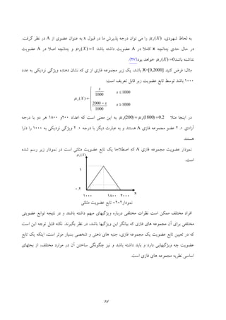 87
،‫ﺷﻬﻮدي‬ ‫ﻟﺤﺎظ‬ ‫ﺑﻪ‬)(XAμ‫ﻗﺒﻮل‬ ‫در‬ ‫ﻣﺎ‬ ‫ﭘﺬﻳﺮش‬ ‫درﺟﻪ‬ ‫ﺗﻮان‬ ‫ﻣﻲ‬ ‫را‬x‫از‬ ‫ﻋﻀﻮي‬ ‫ﻋﻨﻮان‬ ‫ﺑﻪ‬A‫ﮔﺮﻓﺖ‬ ‫ﻧﻈﺮ‬ ‫در‬.
‫ﭼﻨﺎﻧﭽﻪ‬ ‫ﺣﺪي‬ ‫ﺣﺎل‬ ‫در‬x‫در‬ ‫ﻛﺎﻣﻼ‬A‫ﺑﺎﺷﺪ‬ ‫داﺷﺘﻪ‬ ‫ﻋﻀﻮﻳﺖ‬1)( =XAμ‫در‬ ‫اﺻﻼ‬ ‫ﭼﻨﺎﻧﭽﻪ‬ ‫و‬A‫ﻋ‬‫ﻀﻮﻳﺖ‬
‫ﺑﺎﺷﺪ‬ ‫ﻧﺪاﺷﺘﻪ‬0)( =XAμ‫ﺑﻮد‬ ‫ﺧﻮاﻫﺪ‬)72(.
‫ﻣﺜﺎل‬:‫ﻛﻨﻴﺪ‬ ‫ﻓﺮض‬X=[0,2000]‫ﻋﺪد‬ ‫ﺑﻪ‬ ‫ﻧﺰدﻳﻜﻲ‬ ‫وﻳﮋﮔﻲ‬ ‫دﻫﻨﺪه‬ ‫ﻧﺸﺎن‬ ‫ﻛﻪ‬ ‫ي‬ ‫از‬ ‫ﻓﺎزي‬ ‫ﻣﺠﻤﻮﻋﻪ‬ ‫زﻳﺮ‬ ‫ﻳﻚ‬ ،‫ﺑﺎﺷﺪ‬
1000‫اﺳﺖ‬ ‫ﺗﻌﺮﻳﻒ‬ ‫ﻗﺎﺑﻞ‬ ‫زﻳﺮ‬ ‫ﻋﻀﻮﻳﺖ‬ ‫ﺗﺎﺑﻊ‬ ‫ﺗﻮﺳﻂ‬ ‫ﺑﺎﺷﺪ‬:
⎪
⎪
⎩
⎪
⎪
⎨
⎧
≥
≤
−
=
1000
1000
1000
2000
1000
)(
x
x
x
x
XAμ
‫ﻣﺜﻼ‬ ‫اﻳﻨﺠﺎ‬ ‫در‬2.0)1800()200( == AA μμ‫اﻋﺪاد‬ ‫ﻛﻪ‬ ‫اﺳﺖ‬ ‫ﻣﻌﻨﻲ‬ ‫اﻳﻦ‬ ‫ﺑﻪ‬200‫و‬1800‫درﺟﻪ‬ ‫ﺑﺎ‬ ‫دو‬ ‫ﻫﺮ‬
‫آزادي‬0.2‫ﻓﺎزي‬ ‫ﻣﺠﻤﻮﻋﻪ‬ ‫ﻋﻀﻮ‬A‫درﺟﻪ‬ ‫ﺑﺎ‬ ‫دﻳﮕﺮ‬ ‫ﻋﺒﺎرت‬ ‫ﺑﻪ‬ ‫و‬ ‫ﻫﺴﺘﻨﺪ‬0.2‫ﺑﻪ‬ ‫ﻧﺰدﻳﻜﻲ‬ ‫وﻳﮋﮔﻲ‬1000‫دارا‬ ‫را‬
‫ﻫﺴﺘﻨﺪ‬
‫ﻓﺎزي‬ ‫ﻣﺠﻤﻮﻋﻪ‬ ‫ﻋﻀﻮﻳﺖ‬ ‫ﻧﻤﻮدار‬A‫ﺷﺪه‬ ‫رﺳﻢ‬ ‫زﻳﺮ‬ ‫ﻧﻤﻮدار‬ ‫در‬ ‫اﺳﺖ‬ ‫ﻣﺜﻠﺜﻲ‬ ‫ﻋﻀﻮﻳﺖ‬ ‫ﺗﺎﺑﻊ‬ ‫ﻳﻚ‬ ‫اﺻﻄﻼﺣﺎ‬ ‫ﻛﻪ‬
‫اﺳﺖ‬.
‫ﻧﻤﻮدار‬2-2-‫ﻣﺜﻠﺜﻲ‬ ‫ﻋﻀﻮﻳﺖ‬ ‫ﺗﺎﺑﻊ‬
‫ﻋﻀﻮﻳﺘﻲ‬ ‫ﺗﻮاﺑﻊ‬ ‫ﻧﺘﻴﺠﻪ‬ ‫در‬ ‫و‬ ‫ﺑﺎﺷﻨﺪ‬ ‫داﺷﺘﻪ‬ ‫ﻣﺒﻬﻢ‬ ‫وﻳﮋﮔﻴﻬﺎي‬ ‫درﺑﺎره‬ ‫ﻣﺨﺘﻠﻔﻲ‬ ‫ﻧﻈﺮات‬ ‫اﺳﺖ‬ ‫ﻣﻤﻜﻦ‬ ‫ﻣﺨﺘﻠﻒ‬ ‫اﻓﺮاد‬
‫ﺑﺎﺷﺪ‬ ‫وﻳﮋﮔﻴﻬﺎ‬ ‫اﻳﻦ‬ ‫ﺑﻴﺎﻧﮕﺮ‬ ‫ﻛﻪ‬ ‫ﻓﺎزي‬ ‫ﻫﺎي‬ ‫ﻣﺠﻤﻮﻋﻪ‬ ‫آن‬ ‫ﺑﺮاي‬ ‫ﻣﺨﺘﻠﻔﻲ‬،‫ﺑﮕ‬ ‫ﻧﻈﺮ‬ ‫در‬‫ﻴﺮﻧﺪ‬.‫اﺳﺖ‬ ‫اﻳﻦ‬ ‫ﺗﻮﺟﻪ‬ ‫ﻗﺎﺑﻞ‬ ‫ﻧﻜﺘﻪ‬
‫ﺗﺎﺑﻊ‬ ‫ﻳﻚ‬ ‫اﻳﻨﻜﻪ‬ ،‫اﺳﺖ‬ ‫ﻣﻮﺛﺮ‬ ‫ﺑﺴﻴﺎر‬ ‫ﺷﺨﺼﻲ‬ ‫و‬ ‫ذﻫﻨﻲ‬ ‫ﻫﺎي‬ ‫ﺟﻨﺒﻪ‬ ،‫ﻓﺎزي‬ ‫ﻣﺠﻤﻮﻋﻪ‬ ‫ﻳﻚ‬ ‫ﻋﻀﻮﻳﺖ‬ ‫ﺗﺎﺑﻊ‬ ‫ﺗﻌﻴﻴﻦ‬ ‫در‬ ‫ﻛﻪ‬
‫ﺑﺤﺜﻬﺎي‬ ‫از‬ ،‫ﻣﺨﺘﻠﻒ‬ ‫ﻣﻮارد‬ ‫در‬ ‫آن‬ ‫ﺳﺎﺧﺘﻦ‬ ‫ﭼﮕﻮﻧﮕﻲ‬ ‫ﻧﻴﺰ‬ ‫و‬ ‫ﺑﺎﺷﺪ‬ ‫داﺷﺘﻪ‬ ‫ﺑﺎﻳﺪ‬ ‫و‬ ‫دارد‬ ‫وﻳﮋﮔﻴﻬﺎﻳﻲ‬ ‫ﭼﻪ‬ ‫ﻋﻀﻮﻳﺖ‬
‫اﺳﺖ‬ ‫ﻓﺎزي‬ ‫ﻫﺎي‬ ‫ﻣﺠﻤﻮﻋﻪ‬ ‫ﻧﻈﺮﻳﻪ‬ ‫اﺳﺎﺳﻲ‬.
200018001000
1
0,2
)(XAμ
x
 