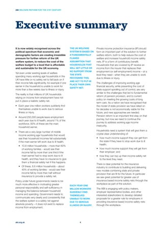 Private income protection insurance (IP) should
form an important part of the solution to further
welfare reform, both to help reduce the cost of
welfare and increase household income safety
nets. IP is a form of contributory beneﬁt.
Households that are covered by IP receive an
income from the insurer that replaces their
employment (or self-employment) income – at a
level they need - when they are unable to work
due to illness or injury.
The challenges of improving working age
ﬁnancial security, while preventing the cost of
state support spiralling out of control, are very
similar to the challenges that led to fundamental
reform of pension provision, and to current
policy on meeting the growing costs of long
term care. As a nation we have recognised that
the model of state provision we have relied on
for decades is not economically viable for the
future, and new approaches are needed.
Pension reform is an important ﬁrst step on that
journey, but now we need to continue the
journey to address working age income
insecurity.
Households need a system that will give them a
crystal clear understanding of:
how much income support they can get from
the state if they have to stop work due to ill
health;
how much income support they will get from
their employer; and
how they can top up their income safety net
to the level they need.
There is clear potential for the insurance
industry to contribute to building and delivering
new models combining state and private
provision that are ﬁt for the future. In particular
we see great potential for greater use of
insurance based income safety nets through the
workplace as part of the solution.
The ABI is engaging with policy makers,
employer representative bodies, and other
interested stakeholders to develop detailed
proposals for a greater role for employers in
providing insurance based income safety nets
through the workplace.
It is now widely recognised across the
political spectrum that economic and
demographic factors are creating irresistible
pressure for further reform of the UK
welfare system, to reduce the cost of the
welfare budget to a level that is affordable
and sustainable for the UK economy.
Yet even under existing levels of welfare
spending many working age households in the
UK have little or no safety net to fall back on if
their income falls signiﬁcantly, for example if one
earner in the household is unable to work for
more than a few weeks due to illness or injury.
The reality is that millions of UK households
relying on income from employment have not
put in place a realistic safety net.
Each year one million workers suddenly ﬁnd
themselves unable to work due to serious
illness or injury.
Around 250,000 people leave employment
each year due to ill health, around 1% of the
workforce. 60% of these are the main
household earner.
There are a very large number of middle
income working age households that would
see their household incomes fall substantially
if the main earner left work due to ill health.
of working families - would see their
income fall by more than one third if the
main earner had to stop work due to ill
health, and they have no insurance to give
them a ﬁnancial safety net if this happens.
40% of working families - would see their
income fall by more than half without
insurance to provide a safety net.
Policy under future governments needs to be
much more effective in motivating greater
personal responsibility and self-sufﬁciency in
managing the balance between household
income and spending. Government needs to
communicate very clearly and consistently that
the welfare system is a safety net against
absolute poverty – it does not exist to replace
income from employment.
Executive summary
THE UK WELFARE
SYSTEM IS BASED ON
A FUNDAMENTALLY
FLAWED
ASSUMPTION THAT
HOUSEHOLDS THAT
WILL GET LITTLE OR
NO SUPPORT FROM
THE STATE
RECOGNISE THIS,
AND ACT TO PUT IN
PLACE THEIR OWN
SAFETY NET.
EACH YEAR ONE
MILLION WORKERS
SUDDENLY FIND
THEMSELVES
UNABLE TO WORK
DUE TO SERIOUS
ILLNESS OR INJURY.
abi.org.uk
ABI WELFARE REFORM FOR THE 21ST CENTURY
4
 