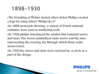 The branding of Philips started when Anton Philips created
a logo by using letters “Philips & co”
In 1898 postcards showing a variety of Dutch national
costumes were used as marketing tools.
In 1926,philips introduced the symbol that featured waves
and stars. The waves symbolized radio waves and the stars
representing the evening sky through which those radio
waves travel.
In 1930,the waves and stars were enclosed in a circle as a
part of the design.
 
