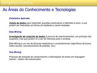 Inteligência Analítica
As Áreas do Conhecimento e Tecnologias
Estatística Aplicada
Coleta de dados para responder questões particulares e definidas a priori, e que
podem ser traduzidas em forma de hipóteses a serem testadas.
Data Mining:
Investigação do conjunto de dados à procura de relacionamentos, em princípio não
suspeitos, mas que podem vir a ser de interesse para o analista.
Data Mining é um mix de técnicas estatísticas e computacionais (algorítmos de busca,
redes neurais, reconhecimento de padrões, etc.)
Text Mining:
Processo de extração de conhecimento e informações de textos em linguagem
natural – dados não estruturados.
 