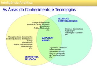 Inteligência Analítica
As Áreas do Conhecimento e Tecnologias
DATA/TEXT
MINING
TÉCNICAS
COMPUTACIONAIS
ESTATÍSTICA
APLICADA
Algortitmos Genéticos
Redes Neurais
Mapas Perceptuais
Árvores de Decisão
NLP (text analytics)
Etc.
Ánálise de Regressão
Análise de Séries Temporais
Amostragem
Análise Multivariada
Etc.
Planejamento de Experimentos
Controle Estatístico de Processos
Survey
Bioestatística
Análise de Confiabiliade
Geoestatística
Etc.
Sistemas Especialistas
Fuzzy Logic
Automação e Controle
Etc.
 