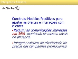 Inteligência Analítica
Construiu Modelos Preditivos para
ajustar as ofertas e interações com
clientes
Reduziu as comunicações impressas
em 30% mantendo os mesmo níveis
de afluência
Integrou calculos de elasticidade de
preços nas campanhas promocionais
 