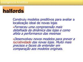 Inteligência Analítica
Construiu modelos preditivos para avaliar a
localização ideal de novas lojas
Forneceu uma compreensão mais
detalhada da dinâmica das lojas e como
afeta a performance das mesmas
Desenvolveu novos modelos para prever a
lucratividade das novas lojas. Muito mais
precisos e faceis de entender em
comparação aos modelos originais.
 