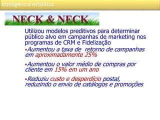 Inteligência Analítica
Utilizou modelos preditivos para determinar
público alvo em campanhas de marketing nos
programas de CRM e Fidelização
Aumentou a taxa de retorno de campanhas
em aproximadamente 25%
Aumentou o valor médio de compras por
cliente em 15% em um ano
Reduziu custo e desperdício postal,
reduzindo o envio de catálogos e promoções
 