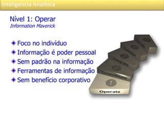 Inteligência Analítica
Nível 1: Operar
Information Maverick
Foco no indivíduo
Informação é poder pessoal
Sem padrão na informação
Ferramentas de informação legadas
Sem benefício corporativo
 