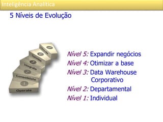 Inteligência Analítica
5 Níveis de Evolução
Nível 5: Expandir negócios
Nível 4: Otimizar a base
Nível 3: Data Warehouse
Corporativo
Nível 2: Departamental
Nível 1: Individual
 
