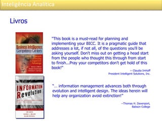 Inteligência Analítica
“… information management advances both through
evolution and intelligent design. The ideas herein will
help any organization avoid extinction!”
--Thomas H. Davenport,
Babson College
"This book is a must-read for planning and
implementing your BICC. It is a pragmatic guide that
addresses a lot, if not all, of the questions you'll be
asking yourself. Don't miss out on getting a head start
from the people who thought this through from start
to finish...Pray your competitors don't get hold of this
book!"
-- Claudia Imhoff
President Intelligent Solutions, Inc.
Livros
 