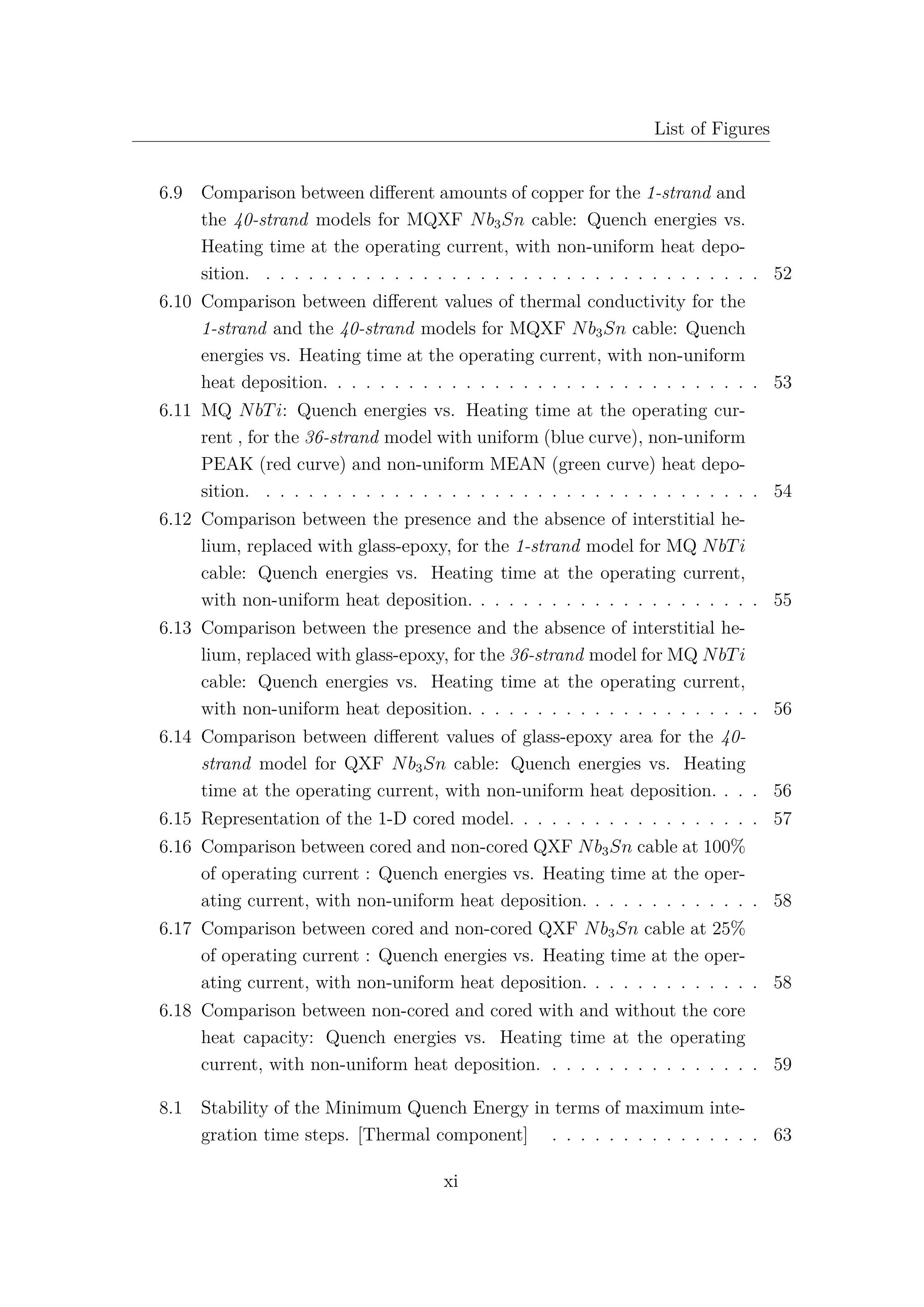 List of Figures
6.9 Comparison between diﬀerent amounts of copper for the 1-strand and
the 40-strand models for MQXF Nb3Sn cable: Quench energies vs.
Heating time at the operating current, with non-uniform heat depo-
sition. . . . . . . . . . . . . . . . . . . . . . . . . . . . . . . . . . . . 52
6.10 Comparison between diﬀerent values of thermal conductivity for the
1-strand and the 40-strand models for MQXF Nb3Sn cable: Quench
energies vs. Heating time at the operating current, with non-uniform
heat deposition. . . . . . . . . . . . . . . . . . . . . . . . . . . . . . . 53
6.11 MQ NbTi: Quench energies vs. Heating time at the operating cur-
rent , for the 36-strand model with uniform (blue curve), non-uniform
PEAK (red curve) and non-uniform MEAN (green curve) heat depo-
sition. . . . . . . . . . . . . . . . . . . . . . . . . . . . . . . . . . . . 54
6.12 Comparison between the presence and the absence of interstitial he-
lium, replaced with glass-epoxy, for the 1-strand model for MQ NbTi
cable: Quench energies vs. Heating time at the operating current,
with non-uniform heat deposition. . . . . . . . . . . . . . . . . . . . . 55
6.13 Comparison between the presence and the absence of interstitial he-
lium, replaced with glass-epoxy, for the 36-strand model for MQ NbTi
cable: Quench energies vs. Heating time at the operating current,
with non-uniform heat deposition. . . . . . . . . . . . . . . . . . . . . 56
6.14 Comparison between diﬀerent values of glass-epoxy area for the 40-
strand model for QXF Nb3Sn cable: Quench energies vs. Heating
time at the operating current, with non-uniform heat deposition. . . . 56
6.15 Representation of the 1-D cored model. . . . . . . . . . . . . . . . . . 57
6.16 Comparison between cored and non-cored QXF Nb3Sn cable at 100%
of operating current : Quench energies vs. Heating time at the oper-
ating current, with non-uniform heat deposition. . . . . . . . . . . . . 58
6.17 Comparison between cored and non-cored QXF Nb3Sn cable at 25%
of operating current : Quench energies vs. Heating time at the oper-
ating current, with non-uniform heat deposition. . . . . . . . . . . . . 58
6.18 Comparison between non-cored and cored with and without the core
heat capacity: Quench energies vs. Heating time at the operating
current, with non-uniform heat deposition. . . . . . . . . . . . . . . . 59
8.1 Stability of the Minimum Quench Energy in terms of maximum inte-
gration time steps. [Thermal component] . . . . . . . . . . . . . . . 63
xi
 