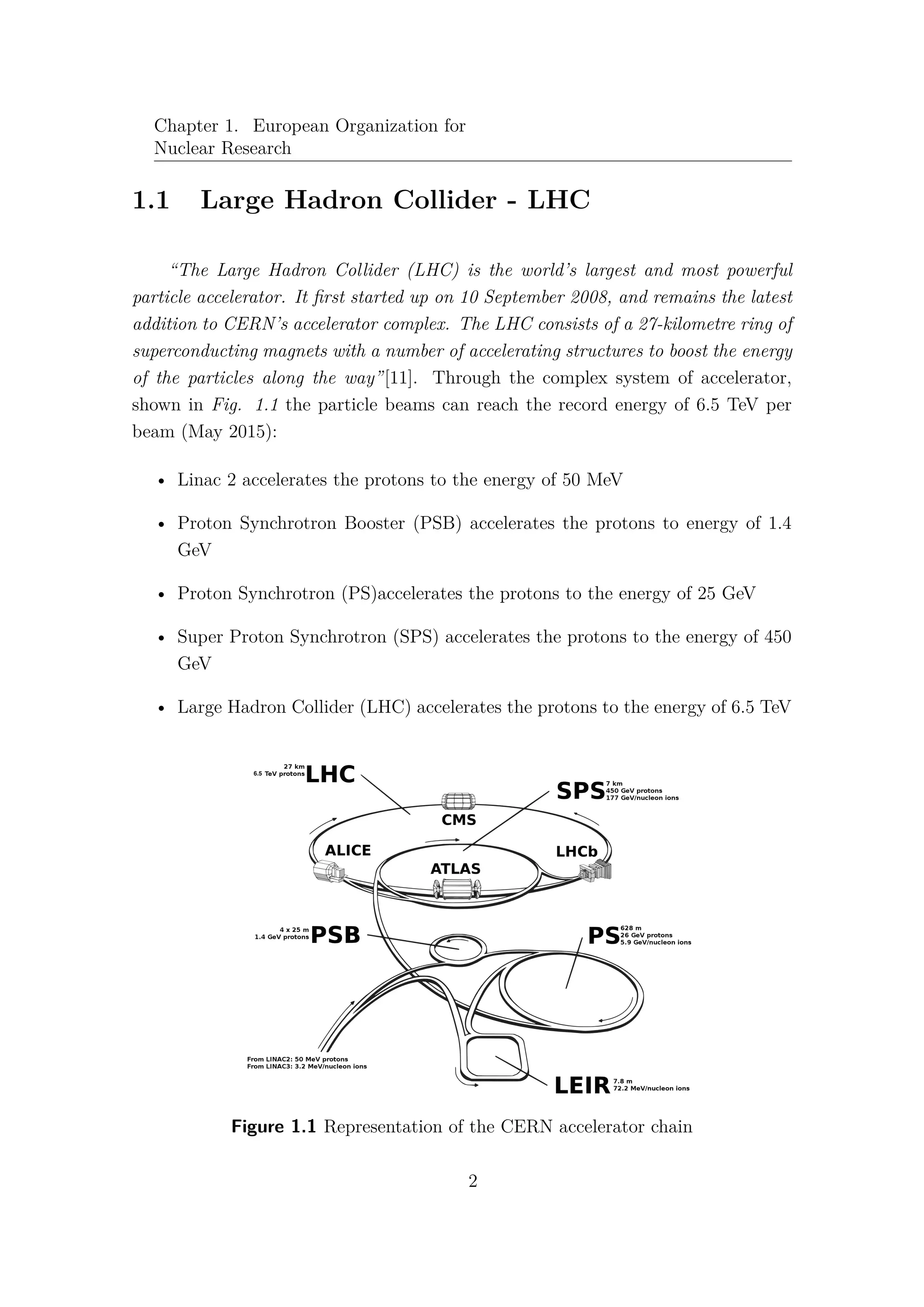 Chapter 1. European Organization for
Nuclear Research
1.1 Large Hadron Collider - LHC
“The Large Hadron Collider (LHC) is the world’s largest and most powerful
particle accelerator. It ﬁrst started up on 10 September 2008, and remains the latest
addition to CERN’s accelerator complex. The LHC consists of a 27-kilometre ring of
superconducting magnets with a number of accelerating structures to boost the energy
of the particles along the way”[11]. Through the complex system of accelerator,
shown in Fig. 1.1 the particle beams can reach the record energy of 6.5 TeV per
beam (May 2015):
• Linac 2 accelerates the protons to the energy of 50 MeV
• Proton Synchrotron Booster (PSB) accelerates the protons to energy of 1.4
GeV
• Proton Synchrotron (PS)accelerates the protons to the energy of 25 GeV
• Super Proton Synchrotron (SPS) accelerates the protons to the energy of 450
GeV
• Large Hadron Collider (LHC) accelerates the protons to the energy of 6.5 TeV
Figure 1.1 Representation of the CERN accelerator chain
2
 