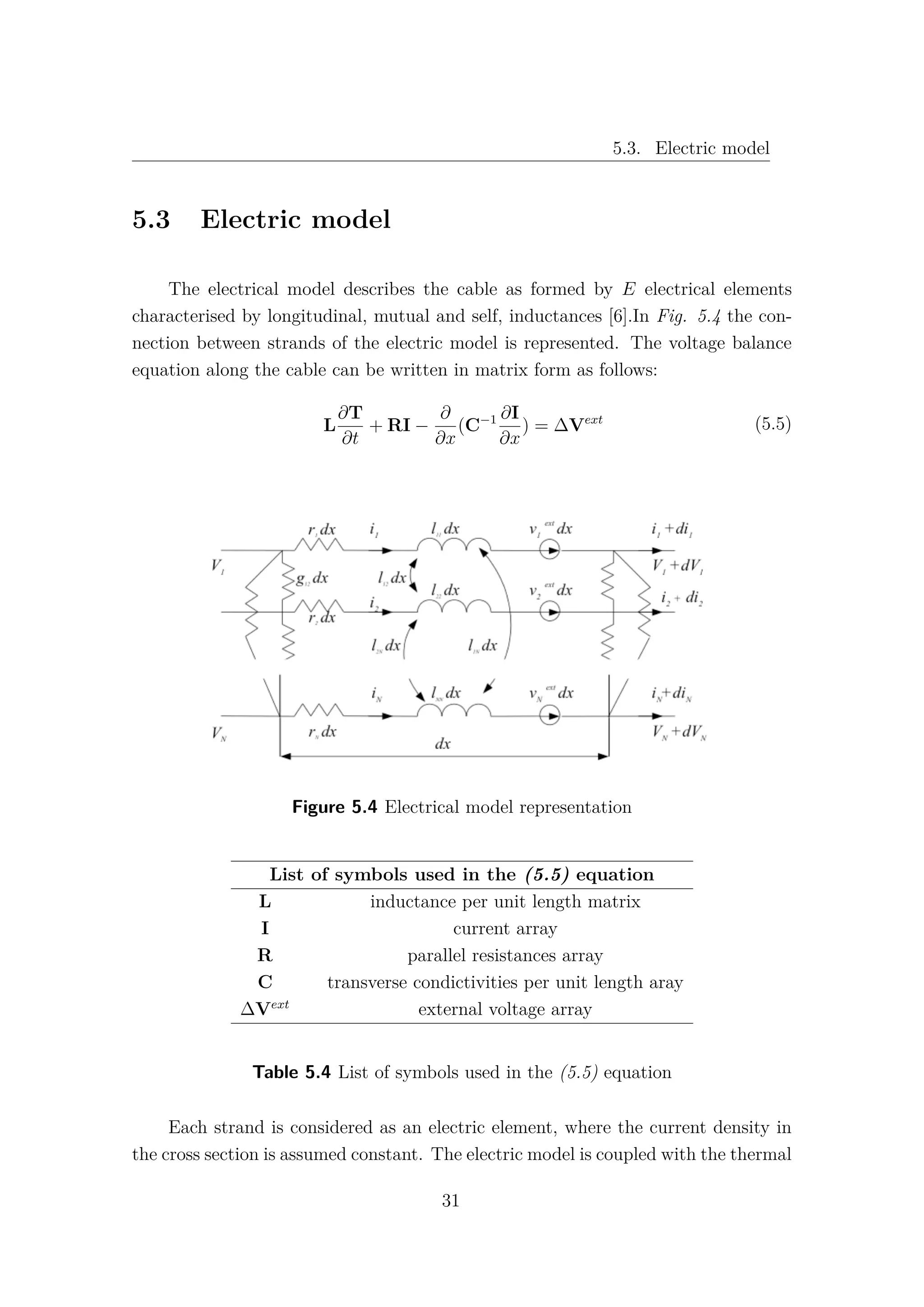 5.3. Electric model
5.3 Electric model
The electrical model describes the cable as formed by E electrical elements
characterised by longitudinal, mutual and self, inductances [6].In Fig. 5.4 the con-
nection between strands of the electric model is represented. The voltage balance
equation along the cable can be written in matrix form as follows:
L
∂T
∂t
+ RI −
∂
∂x
(C−1 ∂I
∂x
) = ∆Vext (5.5)
Figure 5.4 Electrical model representation
List of symbols used in the (5.5) equation
L inductance per unit length matrix
I current array
R parallel resistances array
C transverse condictivities per unit length aray
∆Vext
external voltage array
Table 5.4 List of symbols used in the (5.5) equation
Each strand is considered as an electric element, where the current density in
the cross section is assumed constant. The electric model is coupled with the thermal
31
 