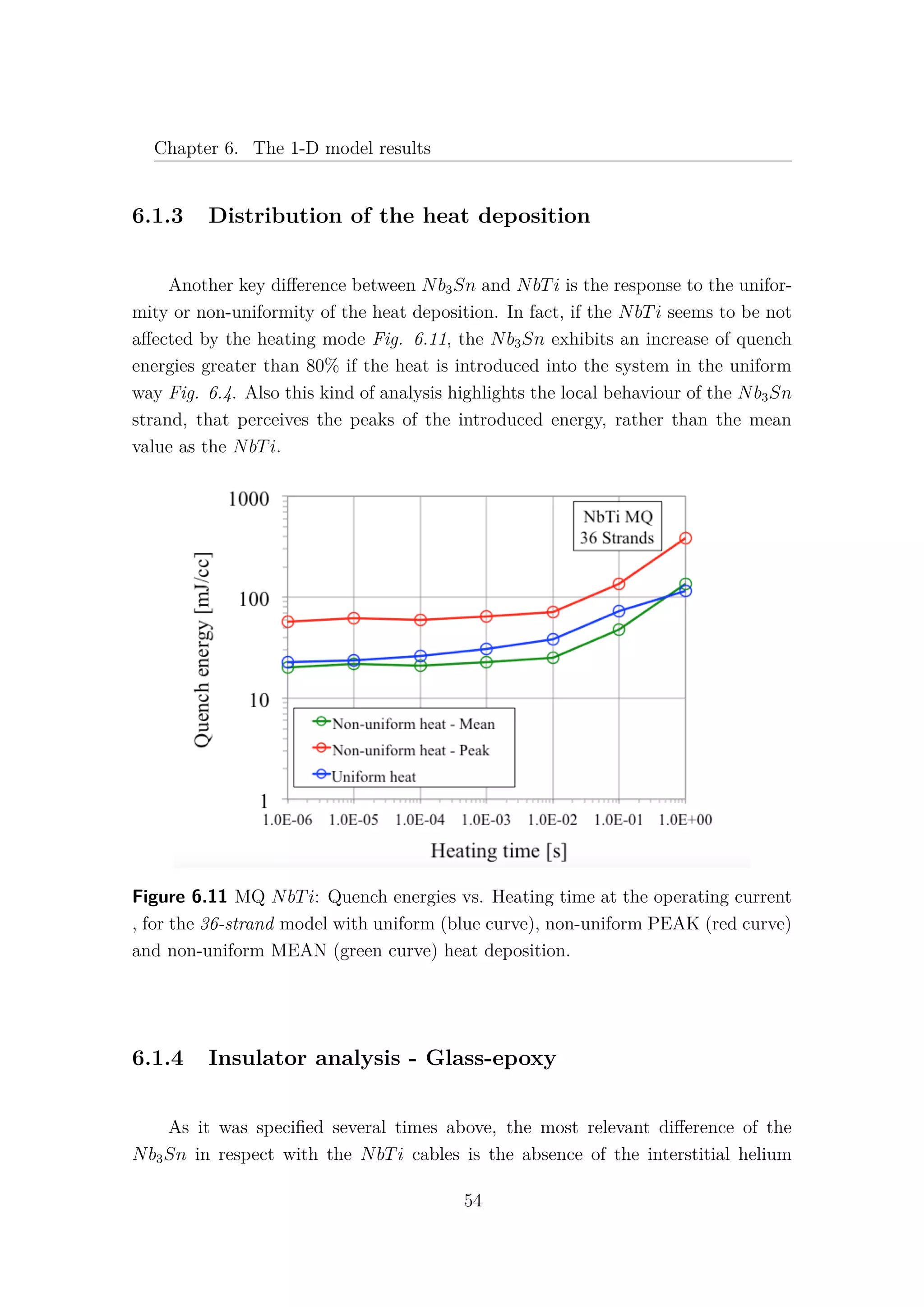 Chapter 6. The 1-D model results
6.1.3 Distribution of the heat deposition
Another key diﬀerence between Nb3Sn and NbTi is the response to the unifor-
mity or non-uniformity of the heat deposition. In fact, if the NbTi seems to be not
aﬀected by the heating mode Fig. 6.11, the Nb3Sn exhibits an increase of quench
energies greater than 80% if the heat is introduced into the system in the uniform
way Fig. 6.4. Also this kind of analysis highlights the local behaviour of the Nb3Sn
strand, that perceives the peaks of the introduced energy, rather than the mean
value as the NbTi.
Figure 6.11 MQ NbTi: Quench energies vs. Heating time at the operating current
, for the 36-strand model with uniform (blue curve), non-uniform PEAK (red curve)
and non-uniform MEAN (green curve) heat deposition.
6.1.4 Insulator analysis - Glass-epoxy
As it was speciﬁed several times above, the most relevant diﬀerence of the
Nb3Sn in respect with the NbTi cables is the absence of the interstitial helium
54
 