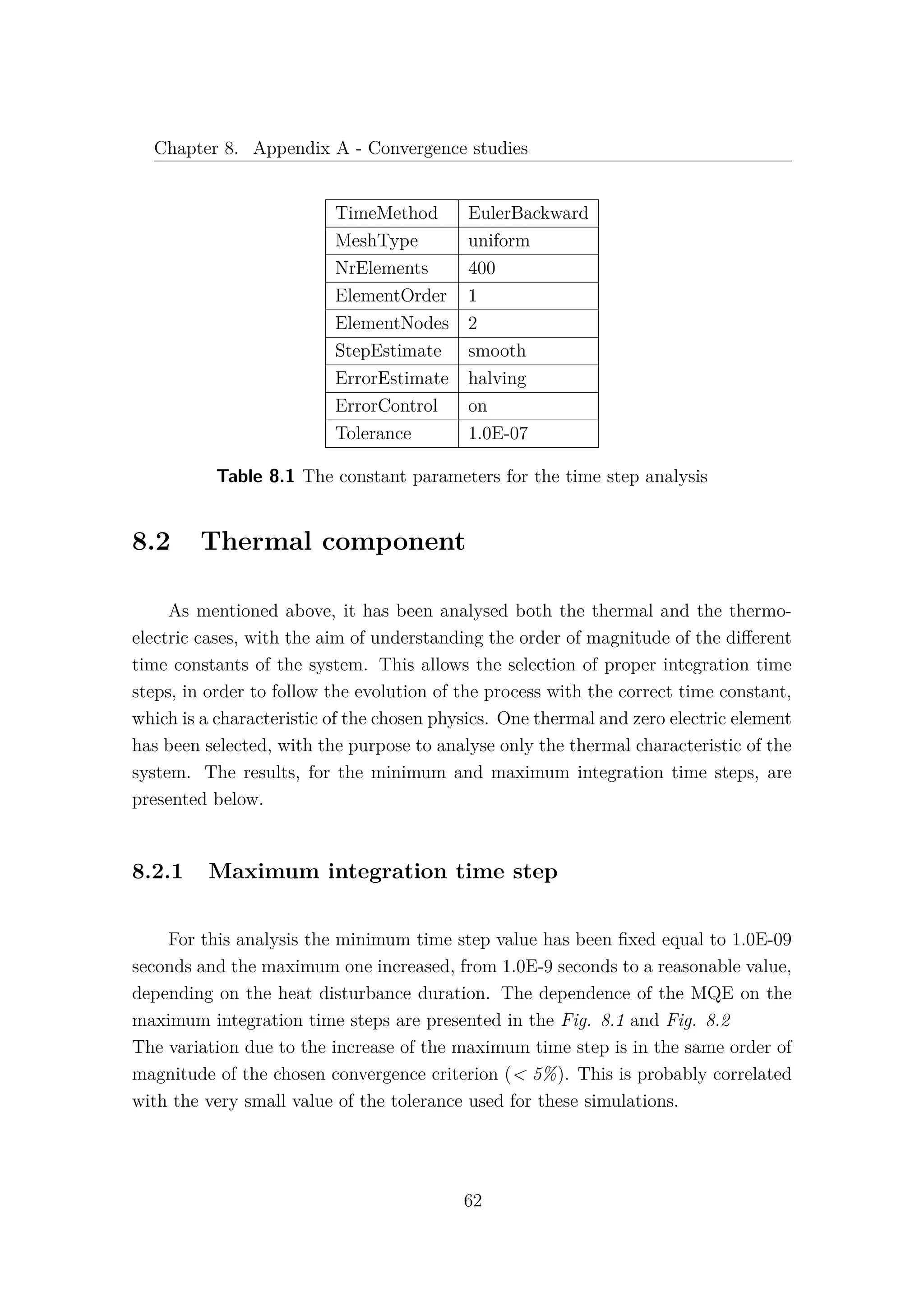 Chapter 8. Appendix A - Convergence studies
TimeMethod EulerBackward
MeshType uniform
NrElements 400
ElementOrder 1
ElementNodes 2
StepEstimate smooth
ErrorEstimate halving
ErrorControl on
Tolerance 1.0E-07
Table 8.1 The constant parameters for the time step analysis
8.2 Thermal component
As mentioned above, it has been analysed both the thermal and the thermo-
electric cases, with the aim of understanding the order of magnitude of the diﬀerent
time constants of the system. This allows the selection of proper integration time
steps, in order to follow the evolution of the process with the correct time constant,
which is a characteristic of the chosen physics. One thermal and zero electric element
has been selected, with the purpose to analyse only the thermal characteristic of the
system. The results, for the minimum and maximum integration time steps, are
presented below.
8.2.1 Maximum integration time step
For this analysis the minimum time step value has been ﬁxed equal to 1.0E-09
seconds and the maximum one increased, from 1.0E-9 seconds to a reasonable value,
depending on the heat disturbance duration. The dependence of the MQE on the
maximum integration time steps are presented in the Fig. 8.1 and Fig. 8.2
The variation due to the increase of the maximum time step is in the same order of
magnitude of the chosen convergence criterion (< 5%). This is probably correlated
with the very small value of the tolerance used for these simulations.
62
 