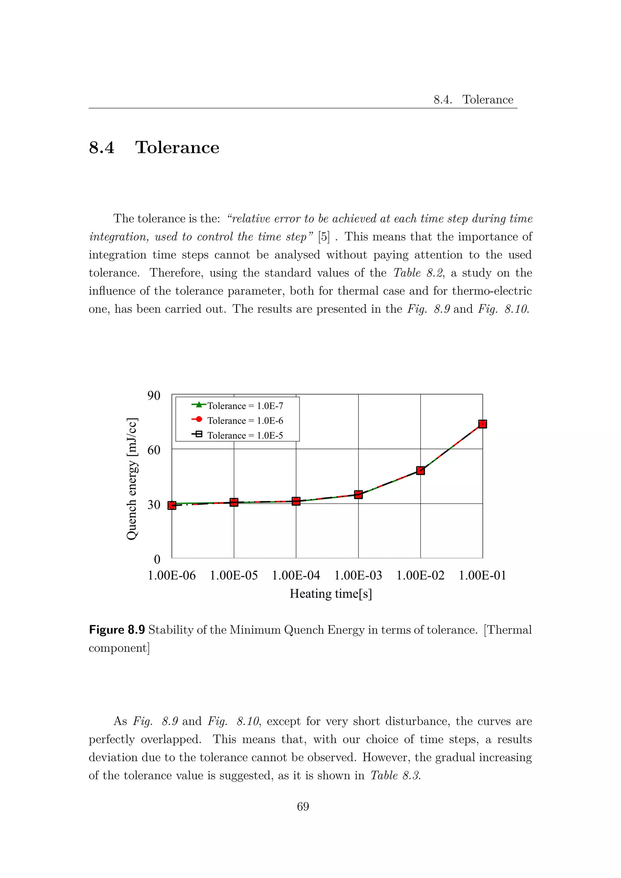 8.4. Tolerance
8.4 Tolerance
The tolerance is the: “relative error to be achieved at each time step during time
integration, used to control the time step” [5] . This means that the importance of
integration time steps cannot be analysed without paying attention to the used
tolerance. Therefore, using the standard values of the Table 8.2, a study on the
inﬂuence of the tolerance parameter, both for thermal case and for thermo-electric
one, has been carried out. The results are presented in the Fig. 8.9 and Fig. 8.10.
Figure 8.9 Stability of the Minimum Quench Energy in terms of tolerance. [Thermal
component]
As Fig. 8.9 and Fig. 8.10, except for very short disturbance, the curves are
perfectly overlapped. This means that, with our choice of time steps, a results
deviation due to the tolerance cannot be observed. However, the gradual increasing
of the tolerance value is suggested, as it is shown in Table 8.3.
69
 