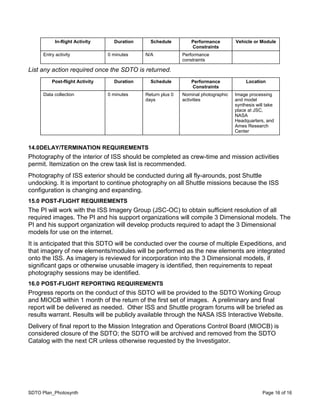 SDTO Plan_Photosynth Page 16 of 16
In-flight Activity Duration Schedule Performance
Constraints
Vehicle or Module
Entry activity 0 minutes N/A Performance
constraints
List any action required once the SDTO is returned.
Post-flight Activity Duration Schedule Performance
Constraints
Location
Data collection 0 minutes Return plus 0
days
Nominal photographic
activities
Image processing
and model
synthesis will take
place at JSC,
NASA
Headquarters, and
Ames Research
Center
14.0DELAY/TERMINATION REQUIREMENTS
Photography of the interior of ISS should be completed as crew-time and mission activities
permit. Itemization on the crew task list is recommended.
Photography of ISS exterior should be conducted during all fly-arounds, post Shuttle
undocking. It is important to continue photography on all Shuttle missions because the ISS
configuration is changing and expanding.
15.0 POST-FLIGHT REQUIREMENTS
The PI will work with the ISS Imagery Group (JSC-OC) to obtain sufficient resolution of all
required images. The PI and his support organizations will compile 3 Dimensional models. The
PI and his support organization will develop products required to adapt the 3 Dimensional
models for use on the internet.
It is anticipated that this SDTO will be conducted over the course of multiple Expeditions, and
that imagery of new elements/modules will be performed as the new elements are integrated
onto the ISS. As imagery is reviewed for incorporation into the 3 Dimensional models, if
significant gaps or otherwise unusable imagery is identified, then requirements to repeat
photography sessions may be identified.
16.0 POST-FLIGHT REPORTING REQUIREMENTS
Progress reports on the conduct of this SDTO will be provided to the SDTO Working Group
and MIOCB within 1 month of the return of the first set of images. A preliminary and final
report will be delivered as needed. Other ISS and Shuttle program forums will be briefed as
results warrant. Results will be publicly available through the NASA ISS Interactive Website.
Delivery of final report to the Mission Integration and Operations Control Board (MIOCB) is
considered closure of the SDTO; the SDTO will be archived and removed from the SDTO
Catalog with the next CR unless otherwise requested by the Investigator.
 