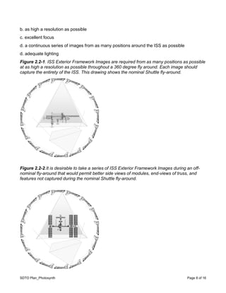 SDTO Plan_Photosynth Page 8 of 16
b. as high a resolution as possible
c. excellent focus
d. a continuous series of images from as many positions around the ISS as possible
d. adequate lighting
Figure 2.2-1. ISS Exterior Framework Images are required from as many positions as possible
at as high a resolution as possible throughout a 360 degree fly around. Each image should
capture the entirety of the ISS. This drawing shows the nominal Shuttle fly-around.
Figure 2.2-2.It is desirable to take a series of ISS Exterior Framework Images during an off-
nominal fly-around that would permit better side views of modules, end-views of truss, and
features not captured during the nominal Shuttle fly-around.
 