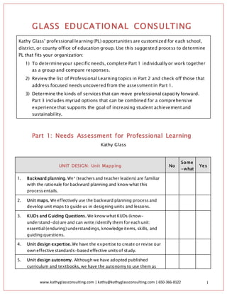 www.kathyglassconsulting.com | kathy@kathyglassconsulting.com | 650-366-8122 1
GLASS EDUCATIONAL CONSULTING
Kathy Glass’ professional learning (PL) opportunities are customized for each school,
district, or county office of education group. Use this suggested process to determine
PL that fits your organization:
1) To determine your specific needs, complete Part 1 individually or work together
as a group and compare responses.
2) Review the list of Professional Learning topics in Part 2 and check off those that
address focused needs uncovered from the assessment in Part 1.
3) Determine the kinds of services that can move professional capacity forward.
Part 3 includes myriad options that can be combined for a comprehensive
experience that supports the goal of increasing student achievement and
sustainability.
Part 1: Needs Assessment for Professional Learning
Kathy Glass
UNIT DESIGN: Unit Mapping No
Some
-what
Yes
1. Backward planning. We* (teachers and teacher leaders) are familiar
with the rationale for backward planning and know what this
process entails.
2. Unit maps. We effectively use the backward planning process and
develop unit maps to guide us in designing units and lessons.
3. KUDs and Guiding Questions. We know what KUDs (know-
understand-do) are and can write/identify them for each unit:
essential (enduring) understandings, knowledge items, skills, and
guiding questions.
4. Unit design expertise. We have the expertise to create or revise our
own effective standards-based effective units of study.
5. Unit design autonomy. Although we have adopted published
curriculum and textbooks, we have the autonomy to use them as
 