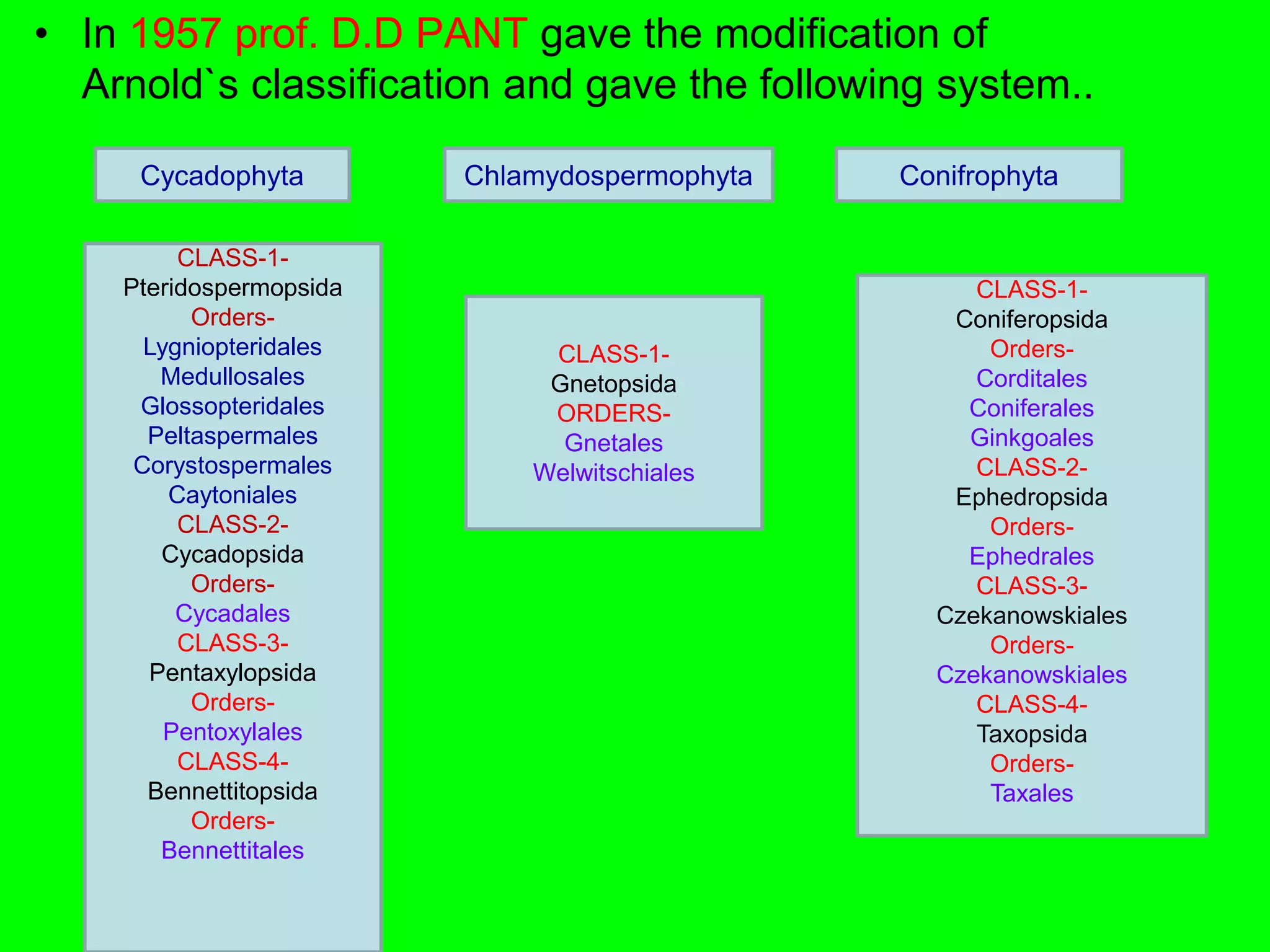 • In 1957 prof. D.D PANT gave the modification of
Arnold`s classification and gave the following system..
Cycadophyta Chlamydospermophyta Conifrophyta
CLASS-1-
Pteridospermopsida
Orders-
Lygniopteridales
Medullosales
Glossopteridales
Peltaspermales
Corystospermales
Caytoniales
CLASS-2-
Cycadopsida
Orders-
Cycadales
CLASS-3-
Pentaxylopsida
Orders-
Pentoxylales
CLASS-4-
Bennettitopsida
Orders-
Bennettitales
CLASS-1-
Gnetopsida
ORDERS-
Gnetales
Welwitschiales
CLASS-1-
Coniferopsida
Orders-
Corditales
Coniferales
Ginkgoales
CLASS-2-
Ephedropsida
Orders-
Ephedrales
CLASS-3-
Czekanowskiales
Orders-
Czekanowskiales
CLASS-4-
Taxopsida
Orders-
Taxales
 
