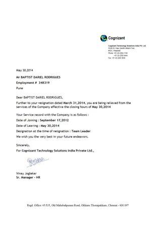 Cognizant Experience Certificate