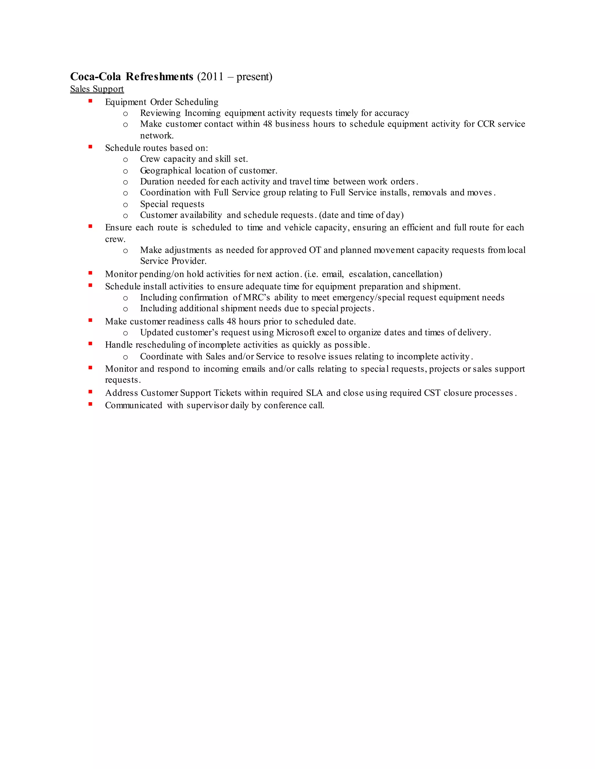 CocaCola job description PDF