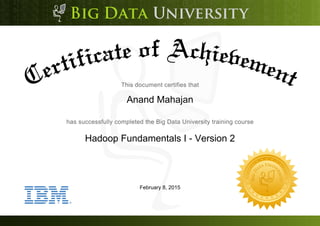 Anand Mahajan
Hadoop Fundamentals I - Version 2
February 8, 2015
 