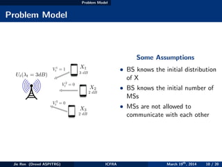 Problem Model
Problem Model
3 dB
2 dB
2 dB
Ut( t = 3dB)
X1
X2
X3
V 1
t = 1
V 2
t = 0
V 3
t = 0
Some Assumptions
• BS knows the initial distribution
of X
• BS knows the initial number of
MSs
• MSs are not allowed to
communicate with each other
Jie Ren (Drexel ASPITRG) ICFRA March 19th
, 2014 10 / 20
 