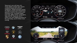 18
Tomorrow’s cars will have rich,
virtual digital cockpits that require
complete system and software
integration. NVIDIA processors power
the digital cockpits and infotainment
systems of some of the world’s most
innovative cars, including models
from Audi, BMW, Honda, Lamborghini,
Tesla and VW. There are over 8
million cars with NVIDIA processors on
the road today, and 25 million more
coming.
 