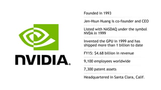 23
Founded in 1993
Jen-Hsun Huang is co-founder and CEO
Listed with NASDAQ under the symbol
NVDA in 1999
Invented the GPU in 1999 and has
shipped more than 1 billion to date
FY15: $4.68 billion in revenue
9,100 employees worldwide
7,300 patent assets
Headquartered in Santa Clara, Calif.
 