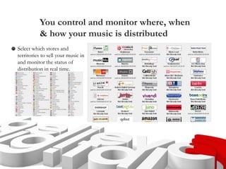 You control and monitor where, when
& how your music is distributed
Select which stores and
territories to sell your music in
and monitor the status of
distribution in real time.
 