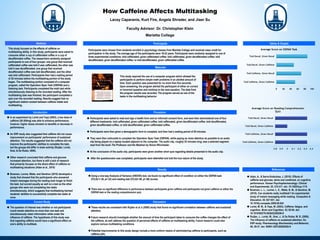 How Caffeine Affects Multitasking
Lacey Caparanis, Kurt Fire, Angela Shrader, and Jiaer Su
Faculty Advisor: Dr. Christopher Klein
Marietta College
Abstract
This study focused on the effects of caffeine on
multitasking ability. In this study, participants were asked to
consume either a cup of caffeinated coffee or a cup of
decaffeinated coffee. The researchers randomly assigned
participants to one of four groups: one group that received
caffeinated coffee was told it was caffeinated, the other was
told it was decaffeinated; one group that received
decaffeinated coffee was told decaffeinated, and the other
was told caffeinated. Participants then had a waiting period
of 20 minutes before the multitasking portion of the study
began. The multitasking portion consisted of a computer
program, called the Operation Span Task (OSPAN) and a
listening task. Participants completed the math test while
simultaneously listening to the recorded reading. After the
multitasking task was finished, the participant completed a
quiz over the recorded reading. Results suggest that no
significant relation existed between caffeine intake and
multitasking.
Introduction
Materials
This study required the use of a computer program which allowed the
participants to perform simple math problems in an allotted amount of
time. Each question was presented for no more than five seconds.
Upon answering, the program alerted the participant of either an correct
or incorrect question and continue to the next equation. The data from
the program results was recorded. The program served as one of the
tasks in the multitasking behavior.
Procedure
Results
 Adan, A., & Serra-Grabulosa, J. (2010). Effects of
caffeine and glucose, alone and combined, on cognitive
performance. Human Psychopharmacology: Clinical
and Experimental, 25, 310-317. doi: 10.1002/hup.1115
 Bowman, L. L., Levine, L. E., Waite, B. M., & Gendron, M.
(2010). Can students really multitask? An experimental
study of instant messaging while reading. Computers &
Education, 54, 927-931. doi:
10.1016/j.compedu.2009.09.024
 Lorist, M. M., & Tops, M. (2003). Caffeine, fatigue, and
cognition. Brain and Cognition, 53, 82-94. doi:
10.1016/S0278-2626(03)00206-9
 Ruijter, J., Lorist, M., Snel, J., & De Ruiter, M. B. (2000).
The influence of caffeine on sustained attention: An
ERP study. Pharmacology Biochemistry and Behavior,
66, 29-37. doi: S0091-3057(00)00229-X
 In an experiment by Lorist and Tops (2003), a low dose of
caffeine (50-300mg) was able to enhance performance;
however, higher doses showed no benefits or decrease in
performance.
 An ERP study also suggested that caffeine did not cause
improvement on participants’ performance of sustained
attention. The results suggested that the caffeine did not
improve the participants’ abilities to complete the task,
but the groups did differ in brain activity (Ruijter, Lorist,
Snel, & De Ruiter, 2000).
 Other research concluded that caffeine and glucose
increased attention, but there is still a lack of research
that primarily focuses on the direct effect of caffeine on
multitasking situations (Adan et al., 2010)
 Bowman, Levine, Waite, and Gendron (2010) developed a
study that showed that the participants who answered
instant messages during the reading took longer to finish
the task, but scored equally as well on a test as the other
groups who were not completing two tasks
simultaneously, which suggests that multitasking harmed
students’ abilities to successfully complete two tasks at
once.
 The question of interest was whether or not participants
could remain attentive on more than one task and
simultaneously retain information while under the
influence of caffeine. The hypothesis of this study was
that ingesting caffeine would have a significant effect on
one’s ability to multitask.
Tables & Graphs
References
Participants
Participants were chosen from students enrolled in psychology classes from Marietta College and received class credit for
participation in the study. The average age of the participants were 18-22 years. Participants were randomly assigned to one of
three experimental conditions: told caffeinated, given caffeinated coffee; told caffeinated, given decaffeinated coffee; told
decaffeinated, given decaffeinated coffee; or told decaffeinated, given caffeinated coffee.
Current Study
 Participants were asked to read and sign a health form and an informed consent form, and were then administered one of four
different treatments: told caffeinated, given caffeinated coffee; told caffeinated, given decaffeinated coffee; told decaffeinated,
given decaffeinated coffee; or told decaffeinated, given caffeinated coffee.
 Participants were then given a demographic form to complete, and then had a waiting period of 20 minutes.
 They were then instructed to complete the Operation Span Task (OSPAN), while paying as close attention as possible to an audio
clip being played on a laptop located adjacent to the computer. The audio clip, roughly 25 minutes long, was a selected segment
read from the book The Professor and the Madman by Simon Winchester.
 At the conclusion of the audio clip, participants were given another short quiz regarding details presented in the audio clip.
 After the questionnaire was completed, participants were debriefed and told the true nature of the study.
0 20 40 60 80 100
Told Caffeine, Given Caffeine
Told Caffeine, Given Decaf
Told Decaf, Given Caffeine
Told Decaf, Given Decaf
Average Score on OSPAN Task
3.8 3.9 4 4.1 4.2 4.3 4.4
Told Caffeine, Given Caffeine
Told Caffeine, Given Decaf
Told Decaf, Given Caffeine
Told Decaf, Given Decaf
Average Score on Reading Comprehension
Quiz
Using a one-way Analysis of Variance (ANOVA) test, we found no significant effect of condition on either the OSPAN task
(F(3,8)=1.36, p=.32) and reading test (F(3,8)=.06, p=.98) scores.
There was no significant difference in performance between participants given caffeine and participants not given caffeine on either the
OSPAN task or the reading comprehension quiz.
These results are consistent with Rujiter et al.’s (2000) study that found no significant correlation between caffeine and sustained
attention.
Future research should investigate whether the amount of time the participant takes to consume the coffee changes the effect of
the caffeine, as well address the question of perceived effects of caffeine on multitasking ability. Future research could also
explore various multitasking conditions.
Potential improvements to this study design include a more uniform means of administering caffeine to participants, such as
caffeine pills.
Discussion
 