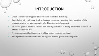 INTRODUCTION
• Crack formation is a typical phenomenon related to durability.
• Percolation of crack may lead to leakage problems, causing deterioration of the
concrete matrix or corrosion of embeddedsteel reinforcement.
• In recent years a bacteria –based self healing concrete is being developed in order to
extend the service life.
• Atwo component healing agent is added to the concrete mixture.
• The agent consist of bacteria and an organic mineral precursor compound.
 