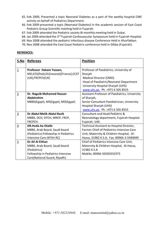Mobile: +971-502324948, E-mail: manzoorind@yahoo.co.in
65. Feb 2009, Presented a topic Neonatal Diabetes as a part of the weekly hospital CME
activity on behalf of Pediatrics Department.
66. Feb 2009 presented a topic (Neonatal Diabetes) in the academic session of East Coast
Pediatric Group Scientific meeting held in Fujairah.
67. Feb 2009 attended the Pediatric society Bi-monthly meeting held in Dubai.
68. Jan 2009 attended the 3rd Fujairah Cardiovascular Symposium held in Fujairah Hospital.
69. Nov 2008 attended the pediatric Infectious disease Conference Held in Khorfakkan.
70. Nov 2008 attended the East Coast Pediatric conference held in Dibba (Fujairah).
REFRENCES:
S.No Referees Position
1 Professor Hakam Yaseen,
MD,CES(Ped),DU(neonat)[France],CCST
(UK),FRCPCH[UK]
Professor of Paediatrics, University of
Sharjah
Medical Director (CMO)
Head of Paediatric/Neonatal Department
University Hospital Sharjah (UHS)
www.uhs.ae, Ph. +971 6 505 8555
2 Dr. Naguib Mohamed Hassan
Abdelrehim
MBBS(Egypt), MS(Egypt), MD(Egypt)
Assistant Professor of Paediatrics, University
of Sharjah,
Senior Consultant Paediatrician, University
Hospital Sharjah (UHS)
www.uhs.ae, Ph. +971 6 505 8555
3 Dr Abdul Melik Abdul Razik
MBBS, DCH, DTCH, MRCP, FRCP,
FRCPCH.
Consultant and Head Pediatric &
Neonatology department, Fujairah Hospital.
Fujairah. UAE.
4 DR.Huda Aa Otaibi
MBBS, Arab Board, Saudi board
(Pediatrics) Fellowship in Pediatrics
Intensive Care (KFSH-RC)
Technical Assistant to Hospital Director,
Former Chief of Pediatrics Intensive Care
Unit, Maternity & Children Hospital, Al-
Hassa, 31982 K.S.A, Fax: 00966-3-5940049
5 Dr Ali Al Eithan
MBBS, Arab Board, Saudi board
(Pediatrics)
Fellowship in Pediatrics Intensive
Care(National Guard, Riyadh)
Chief of Pediatrics Intensive Care Unit,
Maternity & Children Hospital, Al-Hassa,
31982 K.S.A
Mobile; 00966-50505931973
 