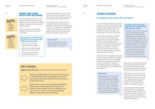 RIGHT FROM THE START
WHAT WE WANT FROM THE NEXT GOVERNMENT
RIGHT FROM THE START
WHAT WE WANT FROM THE NEXT GOVERNMENT
EVERY DISABLED CHILD MATTERS EVERY DISABLED CHILD MATTERSMANIFESTO
2014–15
MANIFESTO
2014–15
Parent and carer
health and wellbeing
Parents and other family carers often
experience health issues of their own
because of a lack of support for disabled
children, including stress, anxiety and
sleep deprivation.
Support and services for disabled
children with sleep issues are often
very limited.
The resulting impact can be the cause
of families experiencing greater stress,
poorer health and, in some cases, cause
the breakdown of the entire family.[15]
This can also have a major impact on
disabled children and young people’s
wellbeing including their mental wellbeing.
As a result, an approach to ensuring the
health of disabled children and young
people should necessarily consider the
health of their wider family as well.
One carer said:
“After 14 years without a decent
night’s sleep I don’t know how
much longer I can carry on.”
Lesley told us:
“Ruby was going to a local special
needs school, but it specialised
in learning difficulties, especially
autism, and wasn’t right for Ruby.
With Sense’s help, and against
the advice of our local authority,
we got her a place at the Frank
Barnes School for Deaf Children,
where she’s getting the right kind
of support and learning to sign.”
The Family Fund in its 2013 report
Tired All the Time, which surveyed
2,000 families, found that:
•	 93% stay up in the night
regularly with their children
•	 49% say their health has been
affected due to lack of sleep
•	 22% say their lack of sleep
has affected relationships
Key issues
Right from the start, the new government must ensure:
Health and Wellbeing Boards keep detailed information
on disabled children and young people living in their
area, and provide public information on how they plan
to meet their needs.
Health service commissioners, Health and Wellbeing
Boards and providers prioritise the integration of
services between health, social care, education and
other services, so that services work for disabled
children, young people and their families.
A strategy for the whole child and family
Conclusion
The stories and statistics that have been
shared in this report show the day-to-day
challenges that disabled children, young
people and their families face. They
illustrate the impact that policy and
service delivery can have on their lives.
The Children and Families Act 2014[16]
has built on the work of successive
governments to provide the legislative
framework that can help improve
services for disabled children and young
people. This has been complemented
by the Care Act 2014[17]
, which has
established the principle that family
carers for disabled adults must get the
recognition that they need.
These new pieces of legislation recognise
the importance of getting the interaction
between different services in disabled
children and young people’s lives right.
They also recognise the aspirations
that disabled children, young people
and their families have for independence
and fulfilment.
We know that when disabled children
and young people get the support
they need and the opportunities
they want the results can be positive
for both the child and their family.
EDCM and its members call on the
next Government to reflect on the
challenges we have set out, as well
as the opportunities that exist for
improving the lives of disabled
children, young people and their
families, as a matter of urgency.
A cross-departmental strategy for
disabled children, young people
and families would enable the next
Government to take a much more
holistic and proactive approach to
developing policy, and to make real,
positive change happen.
93%
stay up
at night
regularly
with their
children
49%
say their
health
has been
affected
due to lack
of sleep
1413
Sam told us about her positive
experiences of a number of short
break and other services:
“I regularly visit an outdoor pursuits
centre called Bendrigg Lodge.
I particularly love the accessible
climbing wall and zip wires. One
of the best things, though, is that
I can go with my family and friends.
I don’t feel separated out just to do
something I enjoy. I’m involved in
the branch of 1Voice, a charitable
group for young communication
aid users. We have a great time
going bowling and eating out.
It’s a laugh, chatting with other
communication aid users, and
sometimes it can even be useful.”
 
