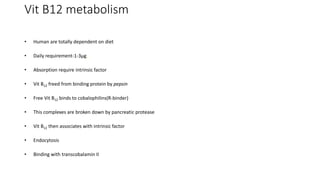 Vit B12 metabolism
• Human are totally dependent on diet
• Daily requirement-1-3µg.
• Absorption require intrinsic factor
• Vit B12 freed from binding protein by pepsin
• Free Vit B12 binds to cobalophilins(R-binder)
• This complexes are broken down by pancreatic protease
• Vit B12 then associates with intrinsic factor
• Endocytosis
• Binding with transcobalamin II
 