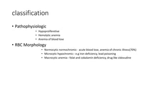 classification
• Pathophysiologic
• Hypoproliferetive
• Hemolytic anemia
• Anemia of blood lose
• RBC Morphology
• Normocytic normochromic- acute blood lose, anemia of chronic illness(70%)
• Microcytic hypochromic:- e.g iron deficiency, lead poisoning
• Macrocytic anemia:- folat and cobalamin deficiency, drug like zidovudine
 