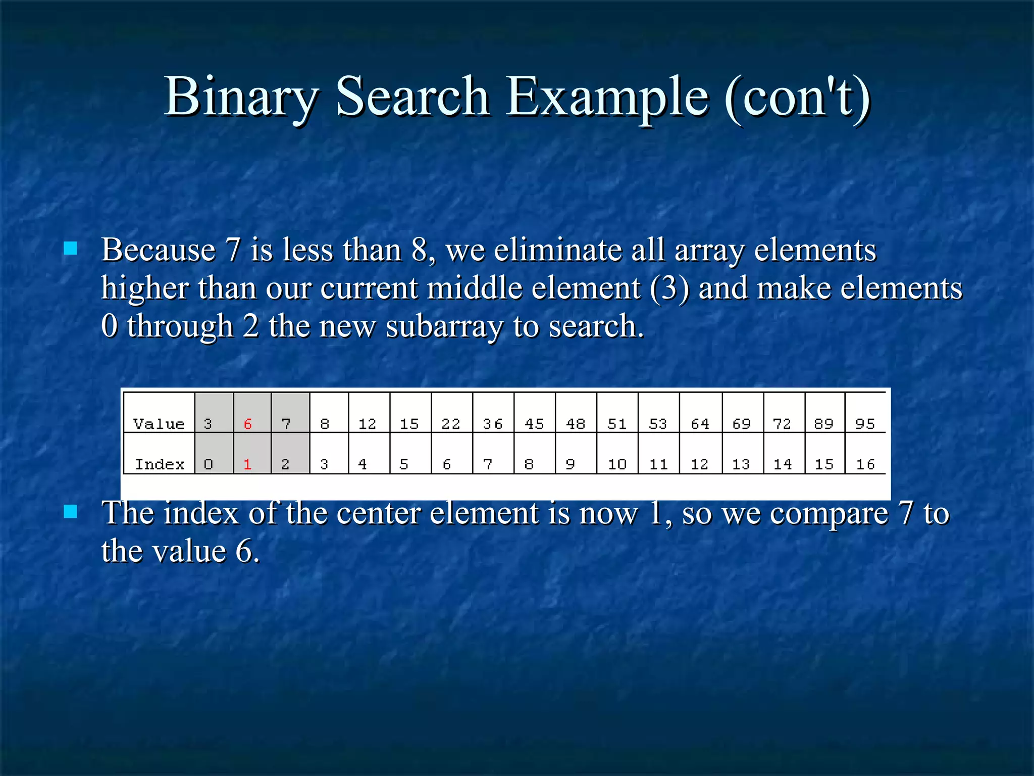 Binary Search Example (con't) Because 7 is less than 8, we eliminate all array elements higher than our current middle element (3) and make elements 0 through 2 the new subarray to search. The index of the center element is now 1, so we compare 7 to the value 6. 
