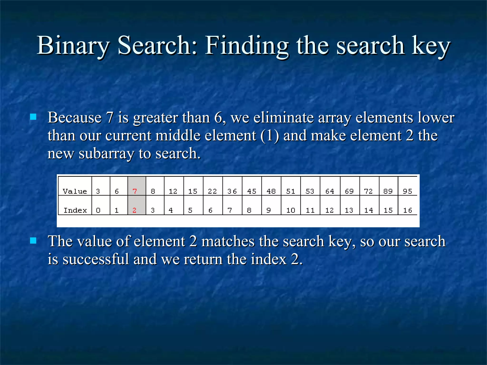 Binary Search: Finding the search key Because 7 is greater than 6, we eliminate array elements lower than our current middle element (1) and make element 2 the new subarray to search. The value of element 2 matches the search key, so our search is successful and we return the index 2. 
