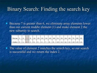 Binary Search: Finding the search key Because 7 is greater than 6, we eliminate array elements lower than our current middle element (1) and make element 2 the new subarray to search. The value of element 2 matches the search key, so our search is successful and we return the index 2. 