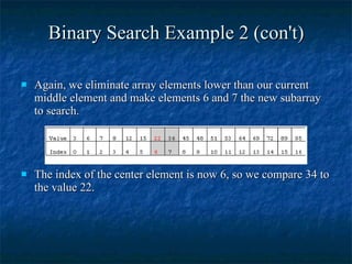 Binary Search Example 2 (con't) Again, we eliminate array elements lower than our current middle element and make elements 6 and 7 the new subarray to search. The index of the center element is now 6, so we compare 34 to the value 22. 