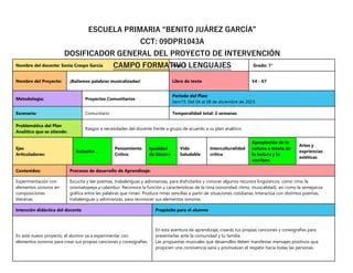 Nombre del docente: Sonia Crespo García Fase: 3 Grado: 1°
Nombre del Proyecto: ¡Bailamos palabras musicalizadas! Libro de texto 54 - 67
Metodología: Proyectos Comunitarios
Periodo del Plan:
Sem15: Del 04 al 08 de diciembre de 2023.
Escenario: Comunitario Temporalidad total: 2 semanas
Problemática del Plan
Analítico que se atiende:
Rasgos a necesidades del docente frente a grupo de acuerdo a su plan analítico
Ejes
Articuladores:
Inclusión
Pensamiento
Crítico
Igualdad
de Género
Vida
Saludable
Interculturalidad
crítica
Apropiación de la
cultura a través de
la lectura y la
escritura
Artes y
expriencias
estéticas
Contenidos: Procesos de desarrollo de Aprendizaje:
Experimentación con
elementos sonoros en
composiciones
literarias.
Escucha y lee poemas, trabalenguas y adivinanzas, para disfrutarlos y conocer algunos recursos lingüísticos, como rima, la
onomatopeya y calambur. Reconoce la función y características de la rima (sonoridad, ritmo, musicalidad), así como la semejanza
gráfica entre las palabras que riman. Produce rimas sencillas a partir de situaciones cotidianas. Interactúa con distintos poemas,
trabalenguas y adivinanzas, para reconocer sus elementos sonoros.
Intención didáctica del docente Propósito para el alumno
En este nuevo proyecto, el alumno va a experimentar con
elementos sonoros para crear sus propias canciones y coreografías.
En esta aventura de aprendizaje, crearás tus propias canciones y coreografías para
presentarlas ante la comunidad y tu familia.
Las propuestas musicales que desarrolles deben manifestar mensajes positivos que
propicien una convivencia sana y promuevan el respeto hacia todas las personas.
ESCUELA PRIMARIA “BENITO JUÁREZ GARCÍA”
CCT: 09DPR1043A
DOSIFICADOR GENERAL DEL PROYECTO DE INTERVENCIÓN
CAMPO FORMATIVO LENGUAJES
 