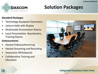 Company Confidential



                                    Solution Packages
Standard Packages
• Technology Equipped Classrooms
• Lecture Halls with Display
• Multimedia Presentation Rooms
• Local Presentation- Boardrooms,
   Training Rooms
Enhancements
• Hosted Videoconferencing
• Hosted Streaming and Recording
• Interactive Whiteboards
• Collaborative Training and
   Education



18                                        Integrated Solutions Start Here
 