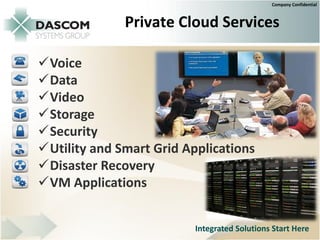 Company Confidential



              Private Cloud Services

Voice
Data
Video
Storage
Security
Utility and Smart Grid Applications
Disaster Recovery
VM Applications


                          Integrated Solutions Start Here
 