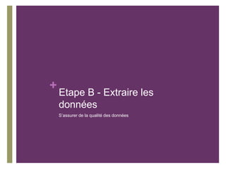 +
Etape B - Extraire les
données
S’assurer de la qualité des données
 