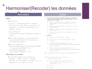 +
Harmoniser(Recoder) les données
dans R
Rank
rank(var,
na.last = TRUE|FALSE|NA| "keep",
#la gestion des NA en dernier, en
premier ou faire disparaitre ou
garder en NA
ties.method =
"average"|"first"|"random"|"max"|"
min")
Rang décroissant : max(rank(var,
ties.method="max"))+1-rank(var,
ties.method="max")
Les 25 premiers :
domaines$url[max(rank(domaines$Hub
, ties.method="max"))+1-
rank(domaines$Hub,
ties.method="max") < 25]
Normaliser une variable
scale(as.numeric(vr.quanti),
center = TRUE, scale = FALSE)
#scale une variable centrée sur la
moyenne et en part de SD()
 La plage interquartile est souvent utilisée pour rechercher
des valeurs aberrantes (outlier) dans les données : <Q1 - 1.5
IQR ou > Q3 + 1.5 IQR.
 IQR <- (quantile(var, prob=0.75, na.rm =
TRUE)-quantile(var, prob=0.25, na.rm =
TRUE))
 absup <- quantile(var, prob=0.75, na.rm =
TRUE)+IQR*1.5
 abmin <- quantile(var, prob=0.25, na.rm =
TRUE)-IQR*1.5
 Outlier <- ifelse (var <= absub & var >=
abinf, 0, 1)
 BoxPlot
 boxplot(var)$out #les valeurs
 which(var %in% boxplot(var)$out) #les
indices
 domaines[domaines$sumfbshare %in%
boxplot(domaines$sumfbshare[domaines$sumfbsh
are >1])$out,]
 domaines[!(domaines$sumfbshare %in%
boxplot(domaines$sumfbshare[domaines$sumfbsh
are >1])$out),]
 Univariate Outlier functions library("outlier")
 Multivariate Outlier Function
library("mvoutlier")
 Out <- Sign1(data, qqcrit=0.975);
Out$wfinal01; plot(var1, var2, col =
Out$wfinal01 +2)
 Sign2
 pcout
Normaliser Outlier
 